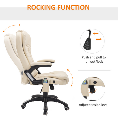 HOMCOM Executive Office Chair with Massage and Heat - High Back Reclining PU Leather Chair, Beige - BEYRUN