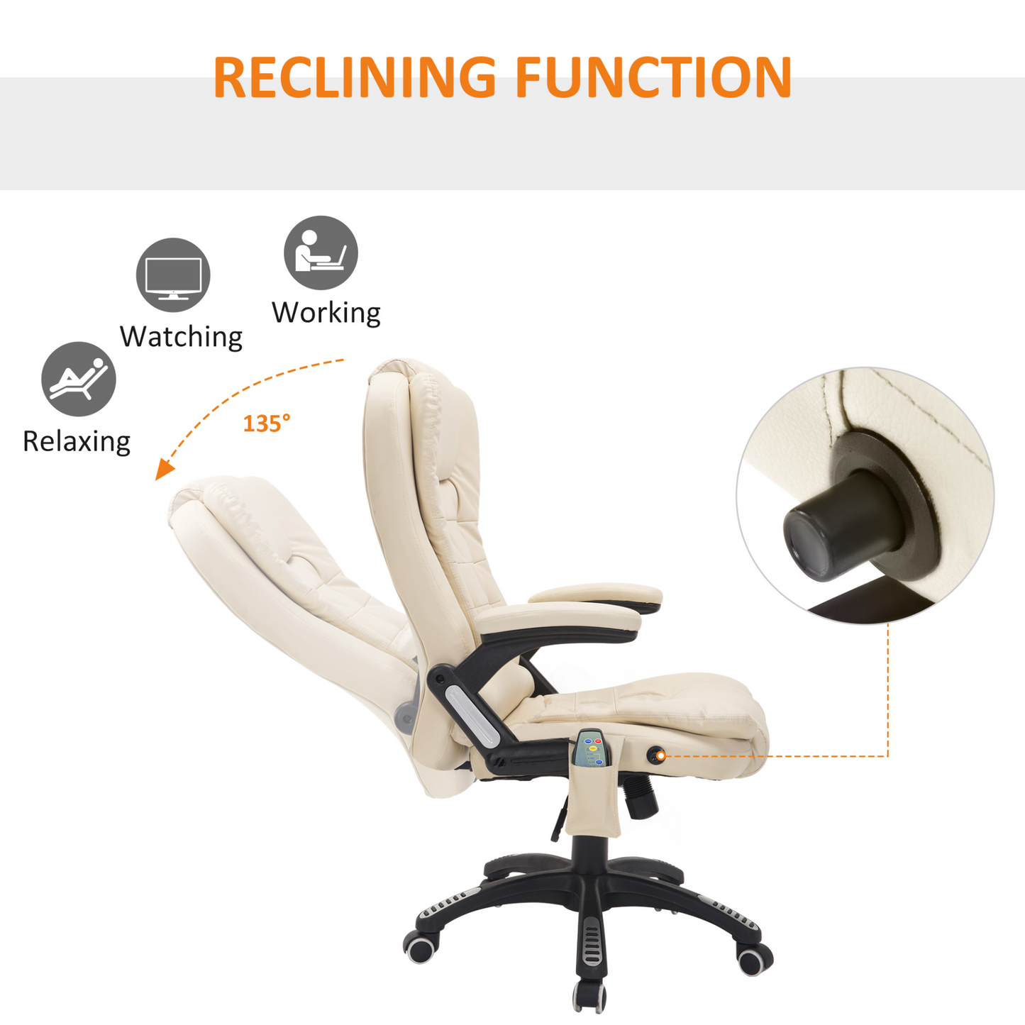 HOMCOM Executive Office Chair with Massage and Heat - High Back Reclining PU Leather Chair, Beige - BEYRUN