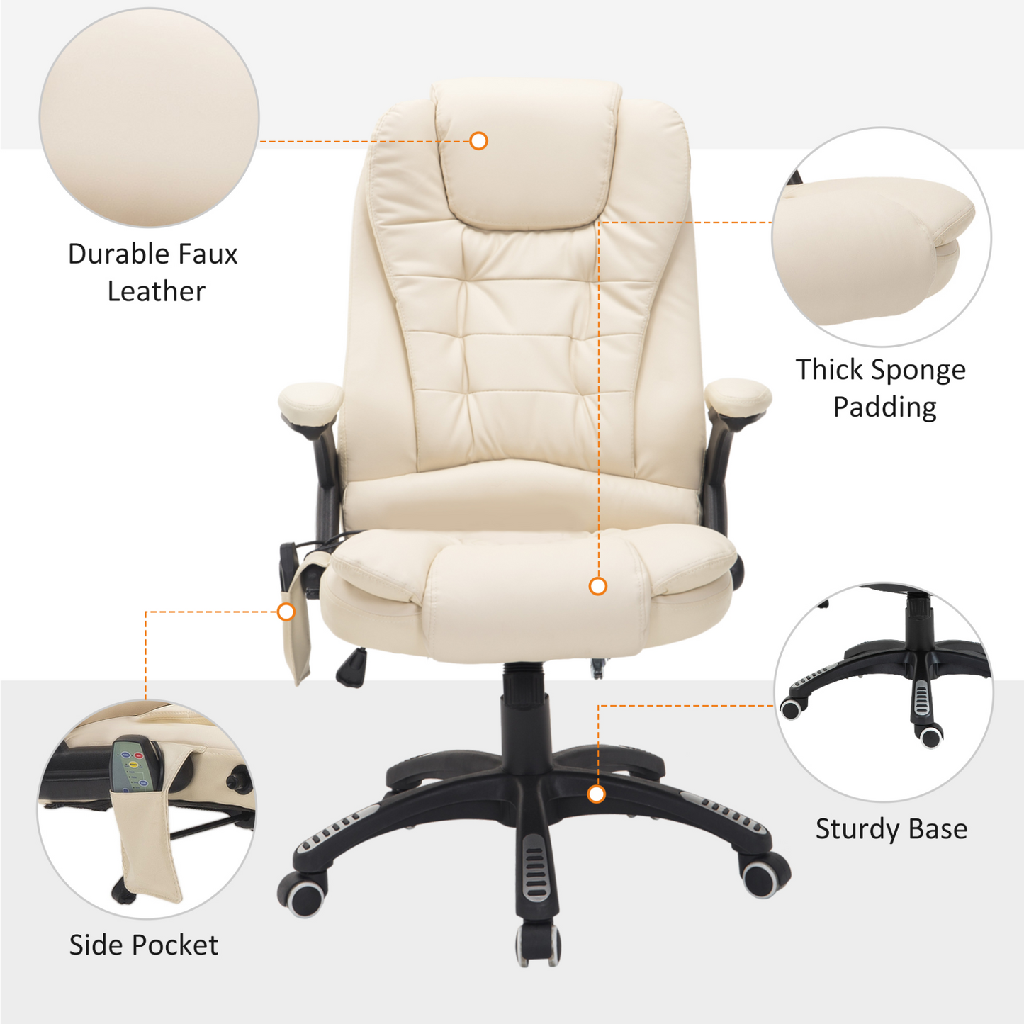 HOMCOM Executive Office Chair with Massage and Heat - High Back Reclining PU Leather Chair, Beige - BEYRUN