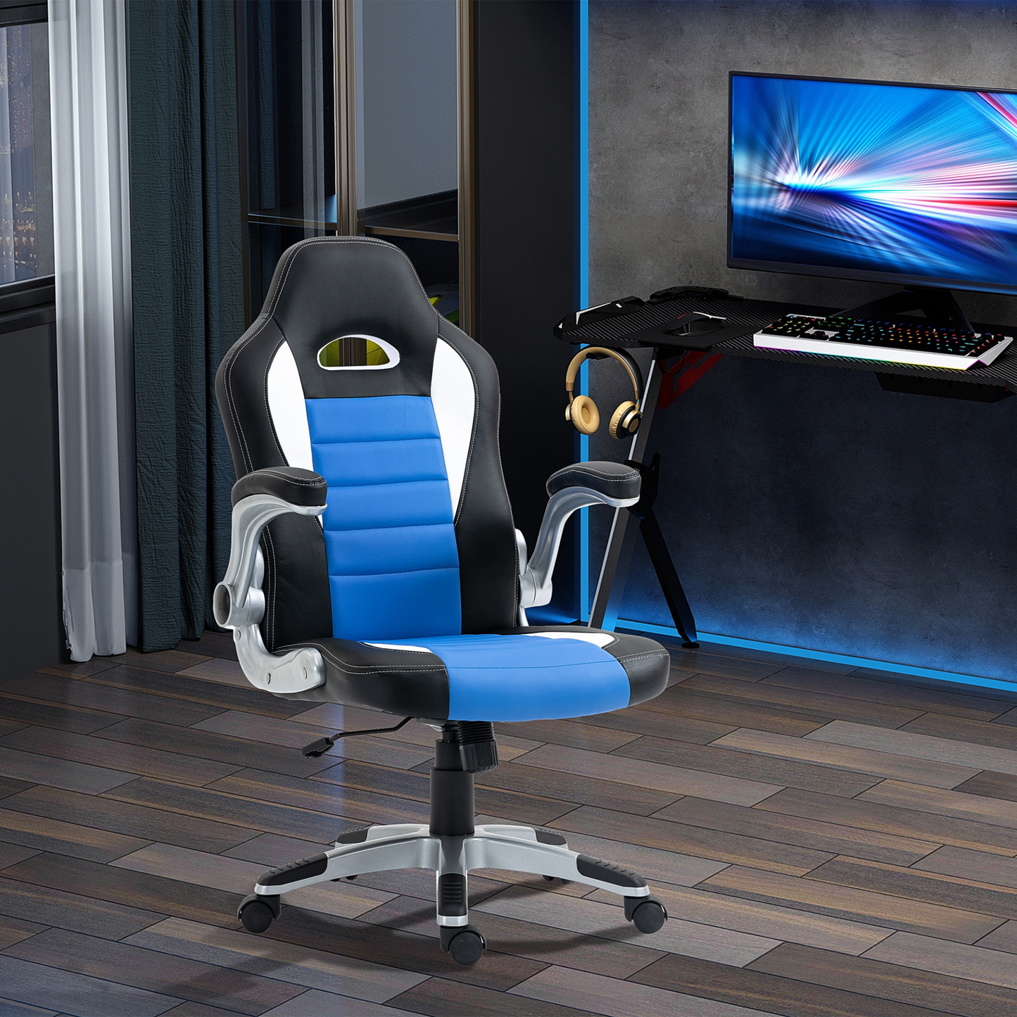 HOMCOM Racing Gaming Chair - Blue, PU Leather, Adjustable Height, Ergonomic Design - BEYRUN