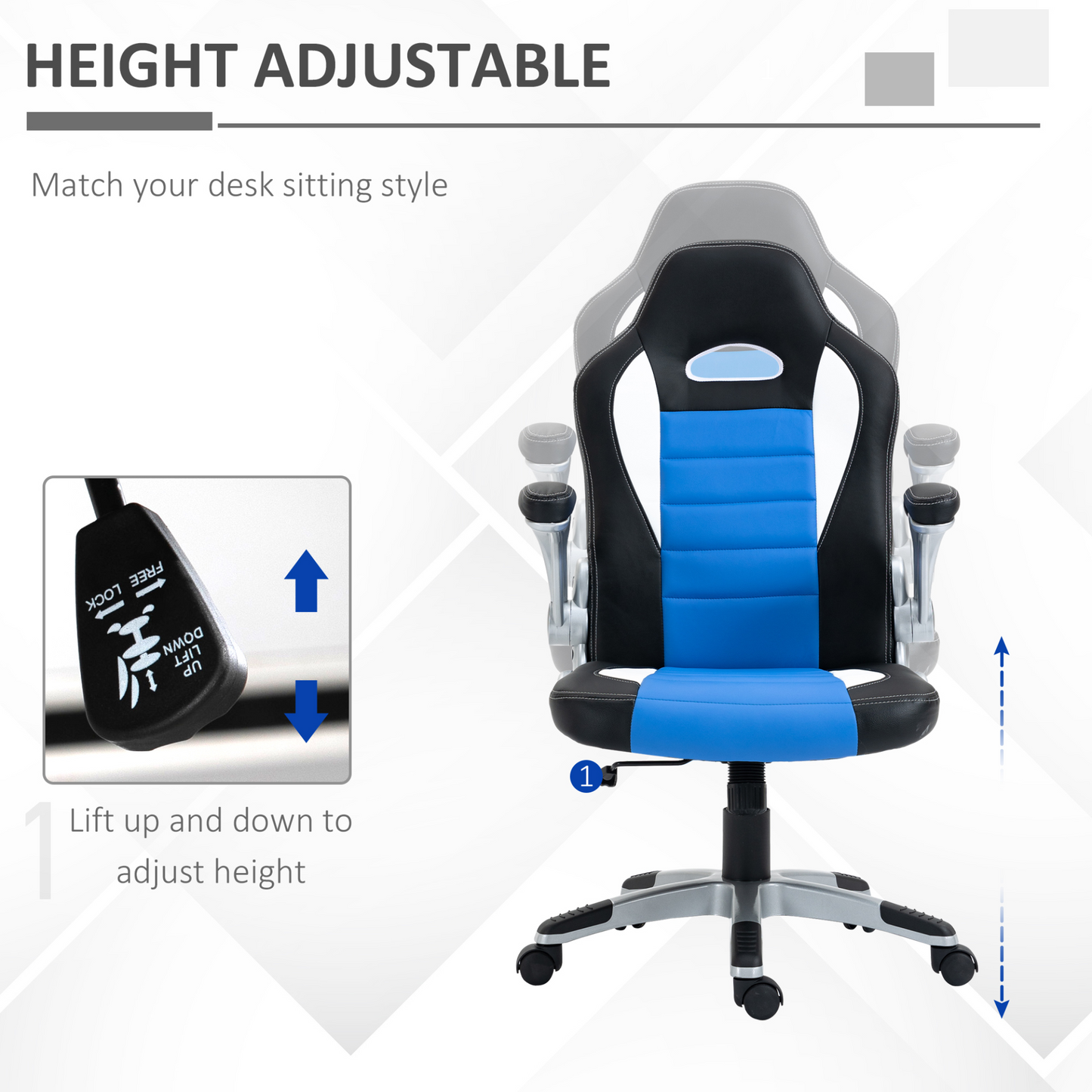 HOMCOM Racing Gaming Chair - Blue, PU Leather, Adjustable Height, Ergonomic Design - BEYRUN