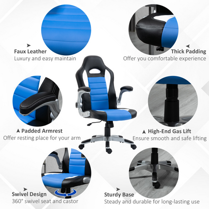 HOMCOM Racing Gaming Chair - Blue, PU Leather, Adjustable Height, Ergonomic Design - BEYRUN