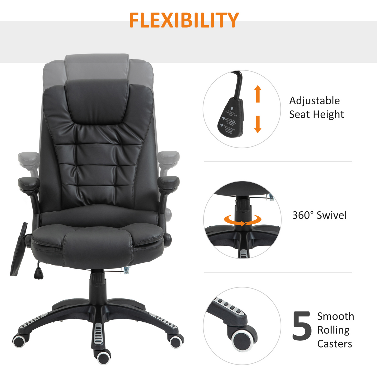 HOMCOM Executive Office Chair with Massage and Heat - High Back PU Leather Ergonomic Chair - BEYRUN