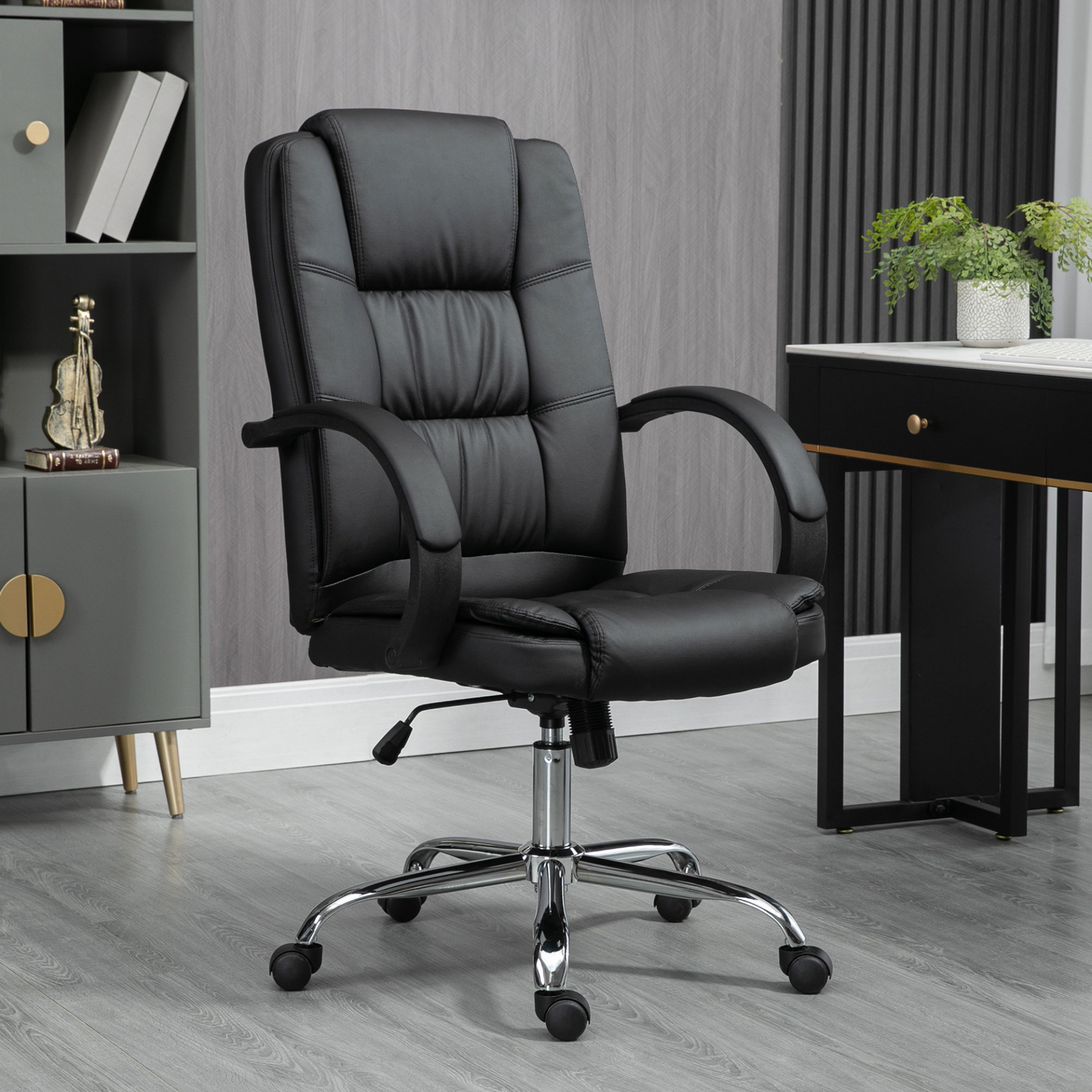 Vinsetto High Back Executive Office Chair - Black PU Leather, Adjustable Height, 360° Swivel, Padded Armrests, Tilt Function - BEYRUN