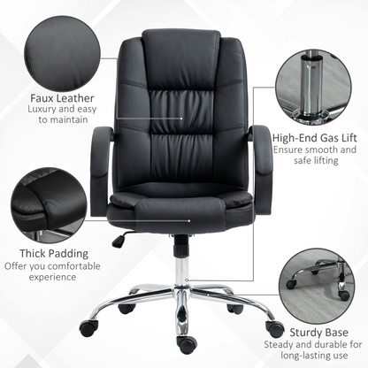 Vinsetto High Back Executive Office Chair - Black PU Leather, Adjustable Height, 360° Swivel, Padded Armrests, Tilt Function - BEYRUN