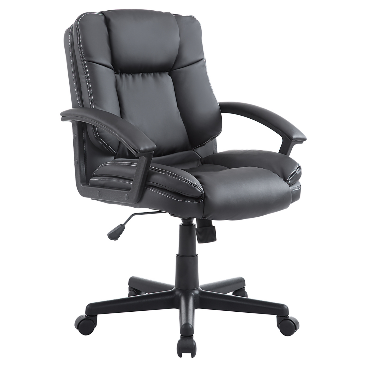 HOMCOM Swivel Executive Office Chair - Mid Back Faux Leather, Adjustable Desk Chair with Double-Tier Padding, Armrests, Wheels, Black - BEYRUN