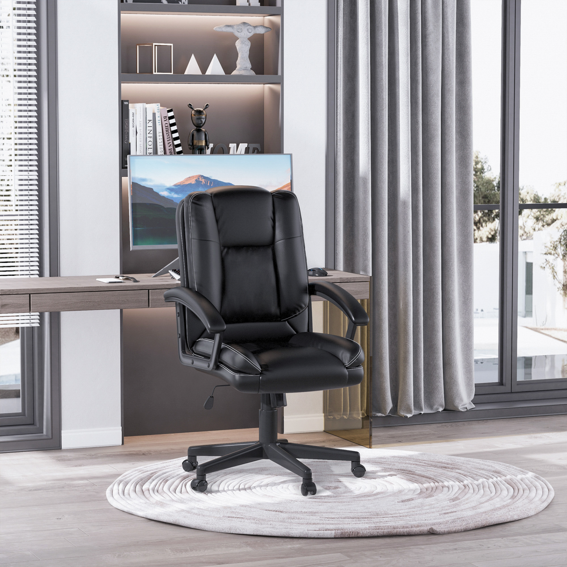 HOMCOM Swivel Executive Office Chair - Mid Back Faux Leather, Adjustable Desk Chair with Double-Tier Padding, Armrests, Wheels, Black - BEYRUN