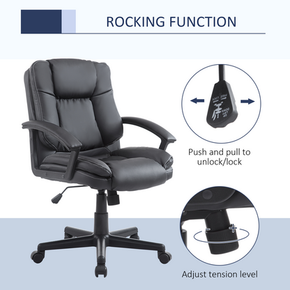 HOMCOM Swivel Executive Office Chair - Mid Back Faux Leather, Adjustable Desk Chair with Double-Tier Padding, Armrests, Wheels, Black - BEYRUN