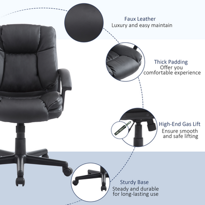 HOMCOM Swivel Executive Office Chair - Mid Back Faux Leather, Adjustable Desk Chair with Double-Tier Padding, Armrests, Wheels, Black - BEYRUN