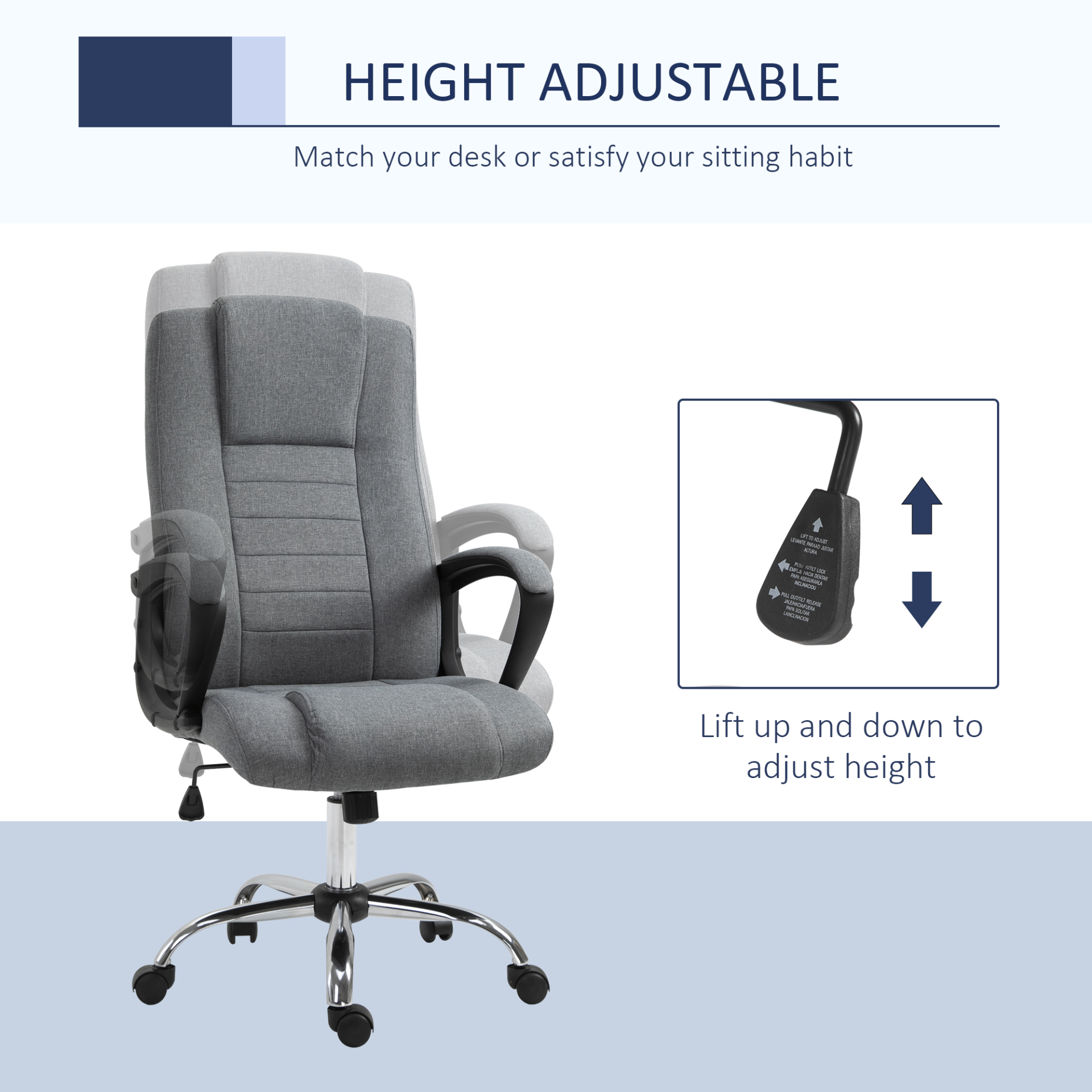 Vinsetto High Back Office Chair - Deep Grey Linen, Adjustable Height, Ergonomic Design - BEYRUN