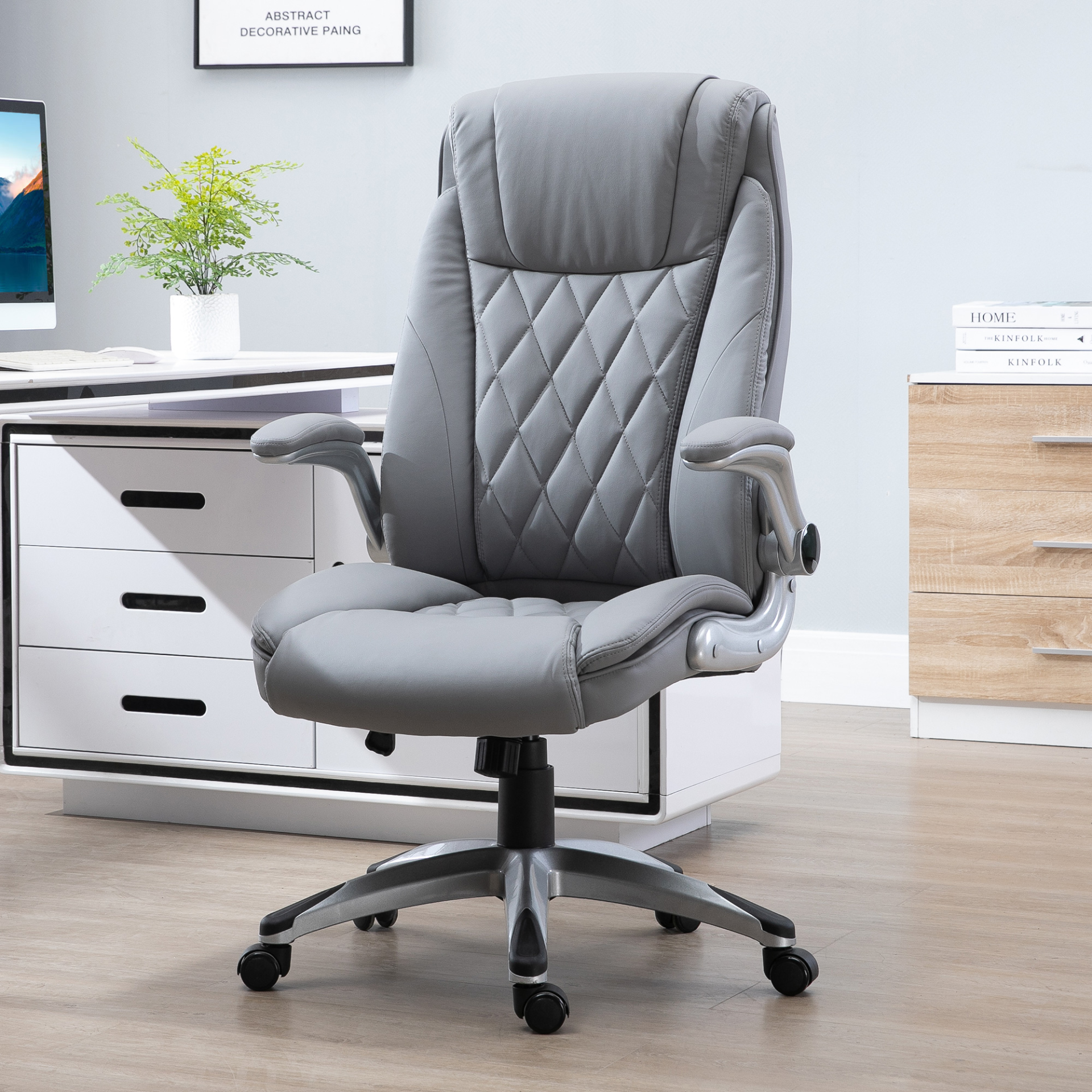 Vinsetto High Back PU Leather Executive Office Chair - Ergonomic, Adjustable Height, 360° Swivel, Flip-up Armrest, Grey - BEYRUN