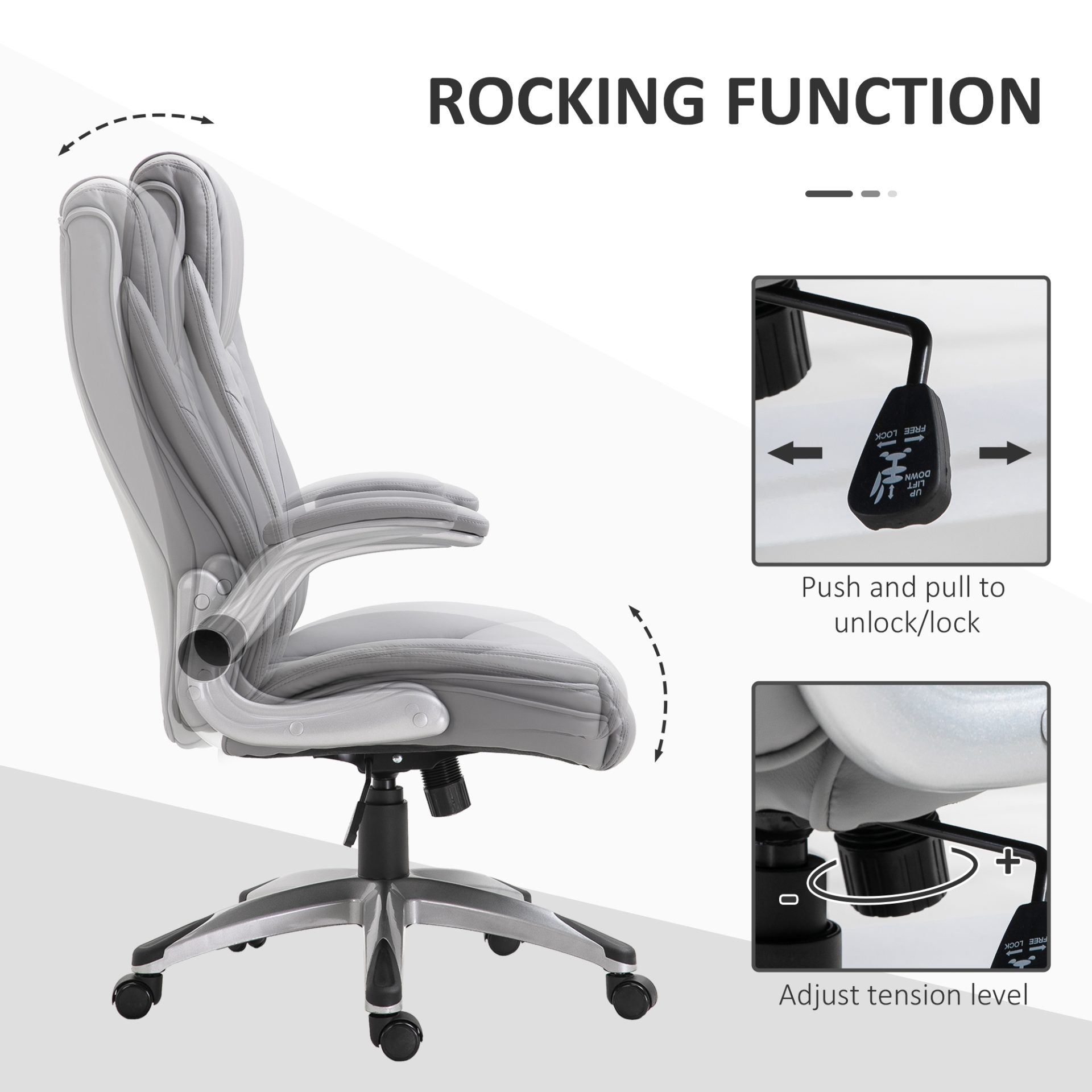 Vinsetto High Back PU Leather Executive Office Chair - Ergonomic, Adjustable Height, 360° Swivel, Flip-up Armrest, Grey - BEYRUN