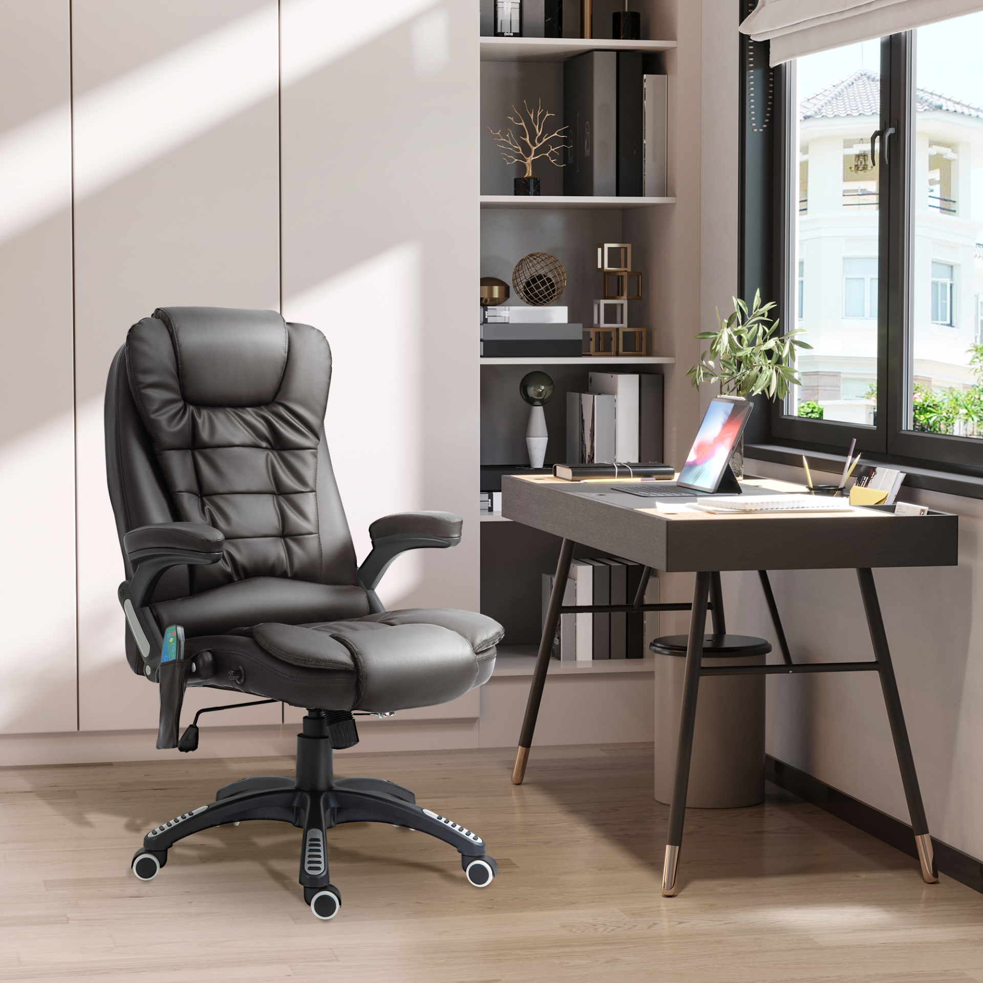 HOMCOM Executive Office Chair with Massage and Heat, High Back PU Leather, Reclining Function, Brown - BEYRUN