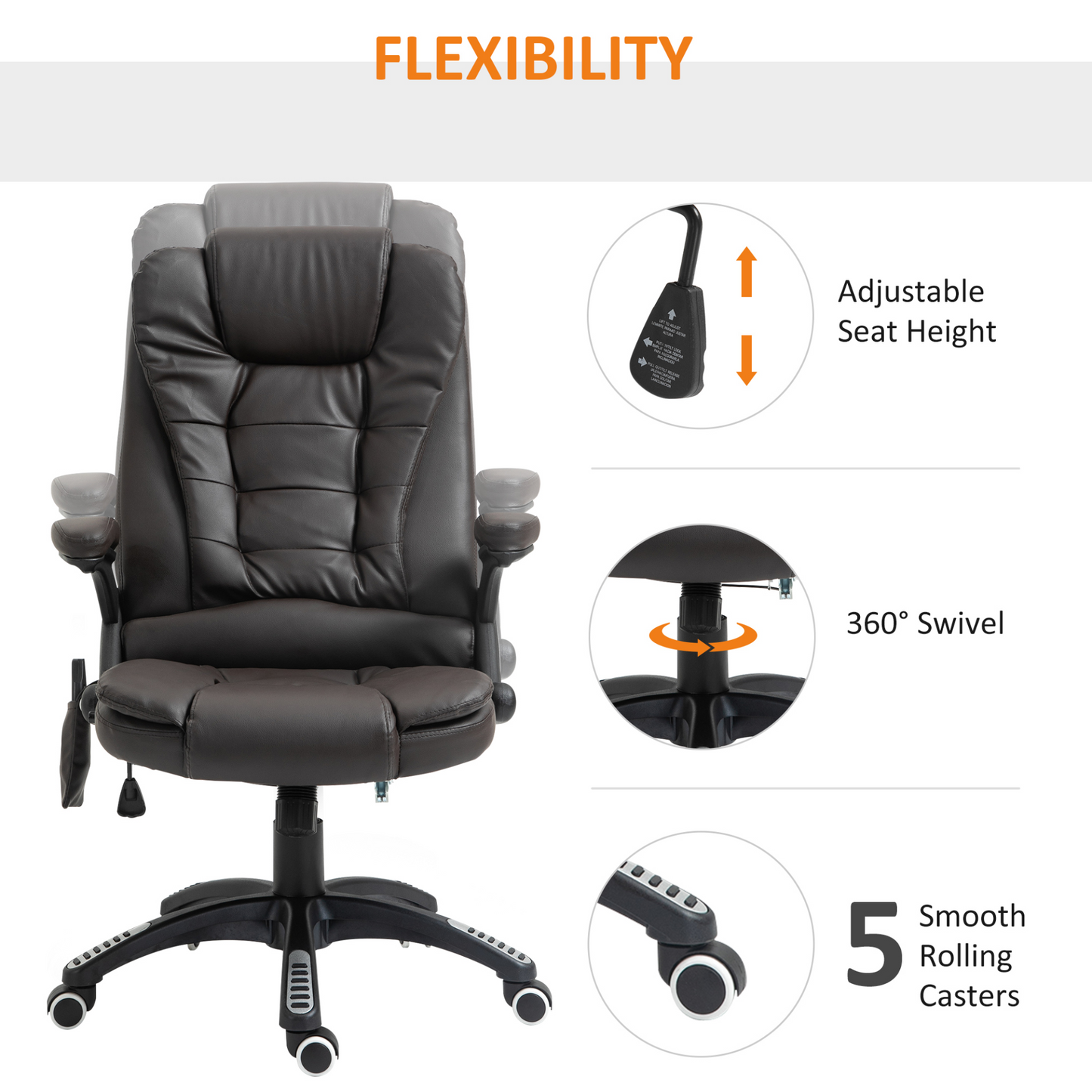 HOMCOM Executive Office Chair with Massage and Heat, High Back PU Leather, Reclining Function, Brown - BEYRUN