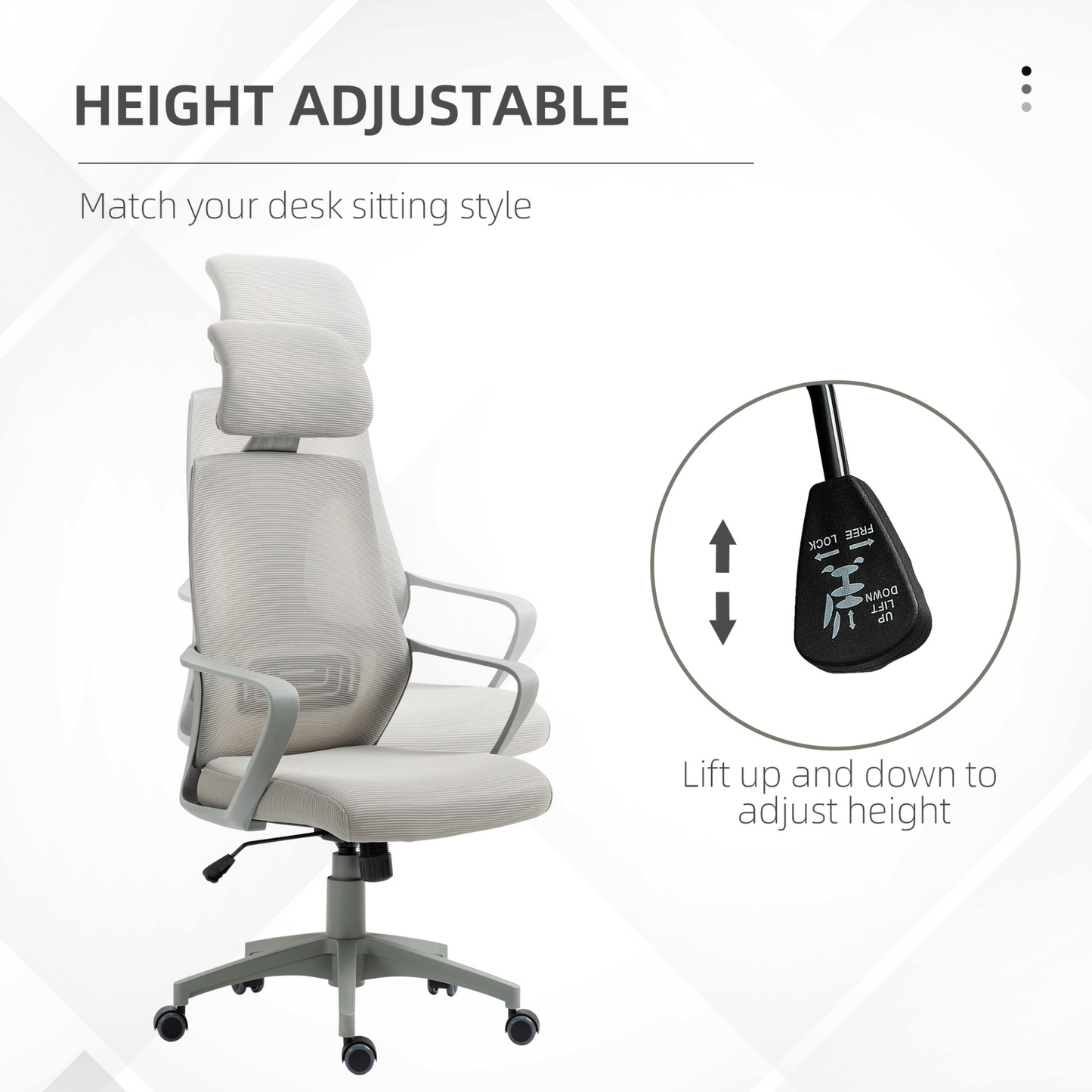 Vinsetto Grey Ergonomic Office Chair - High Mesh Back, Adjustable Height & Swivel Base - BEYRUN