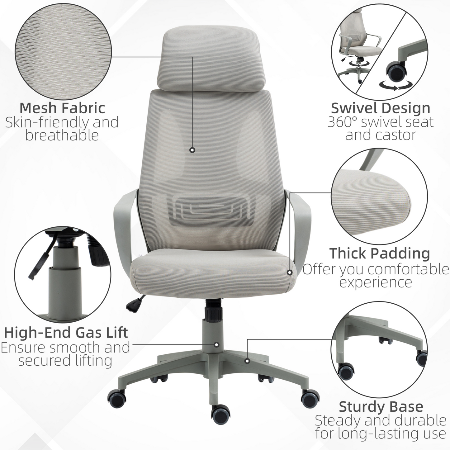 Vinsetto Grey Ergonomic Office Chair - High Mesh Back, Adjustable Height & Swivel Base - BEYRUN