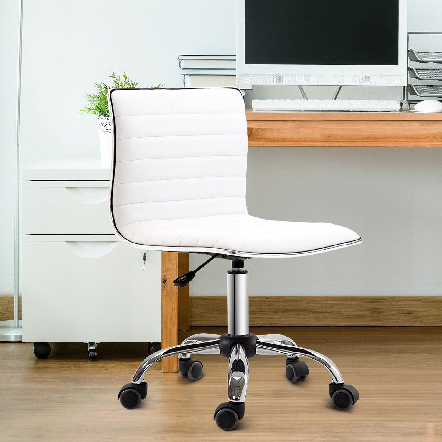 HOMCOM Adjustable Swivel Office Chair - White | Ergonomic PU Leather, Armless Mid-Back, Chrome Base - Perfect for Home Office - BEYRUN