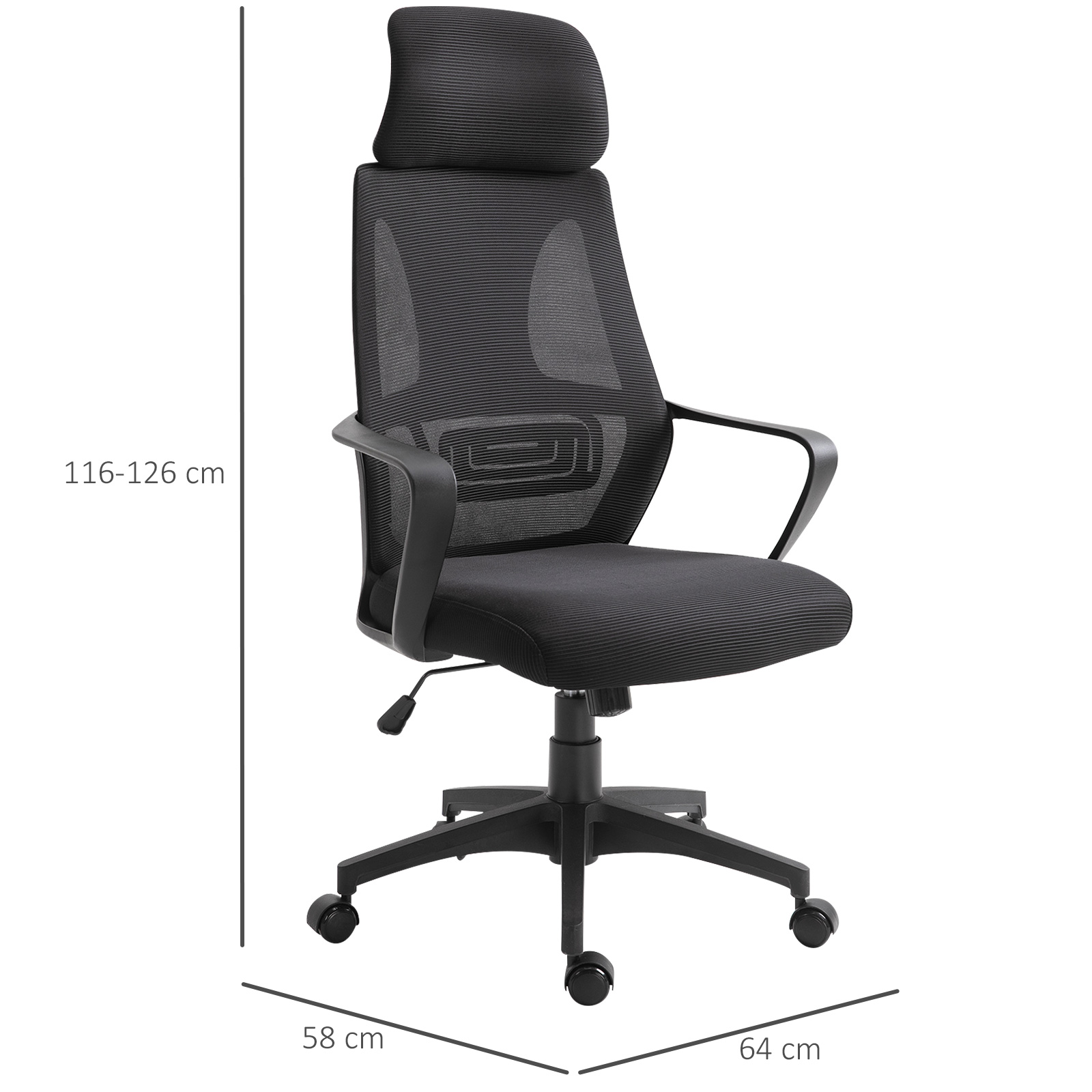 Vinsetto Ergonomic Office Chair with Wheels - Adjustable Height, High Mesh Back - Black - BEYRUN