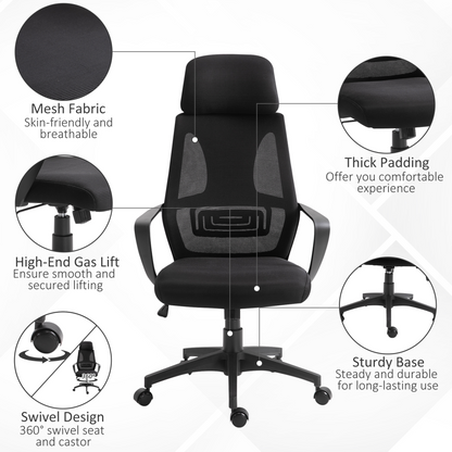 Vinsetto Ergonomic Office Chair with Wheels - Adjustable Height, High Mesh Back - Black - BEYRUN