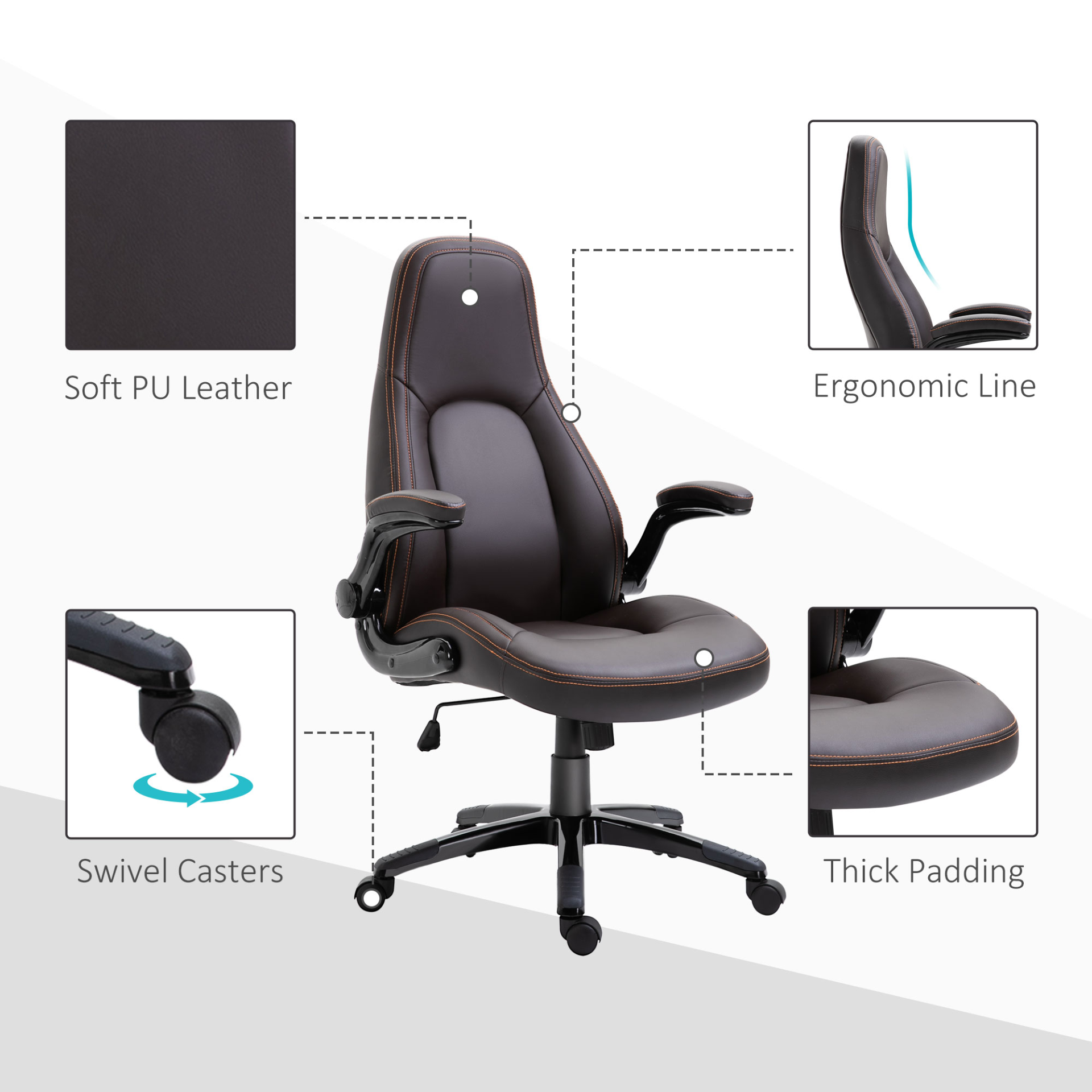 Vinsetto PU Leather Office Chair - Adjustable Height, Flip Up Armrests, Tilt Function - Dark Brown - BEYRUN