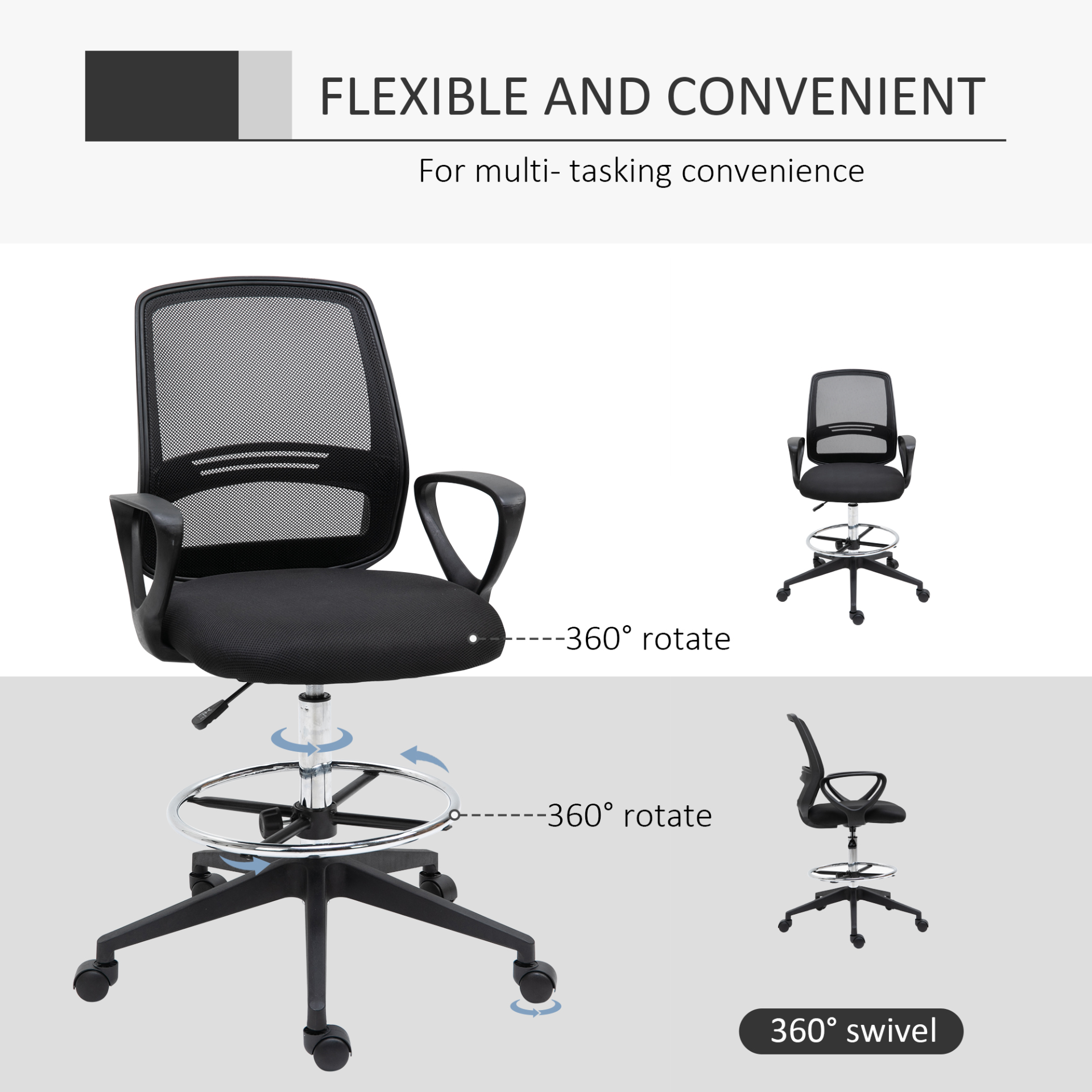 Vinsetto Ergonomic Mesh Back Drafting Chair - Adjustable Height, Footrest, and Lumbar Support - BEYRUN