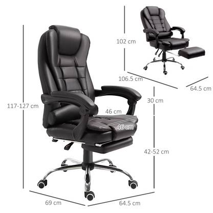 HOMCOM PU Leather Executive Office Chair | High Back, Swivel, Adjustable Height, Retractable Footrest, Reclining Function, Brown - BEYRUN