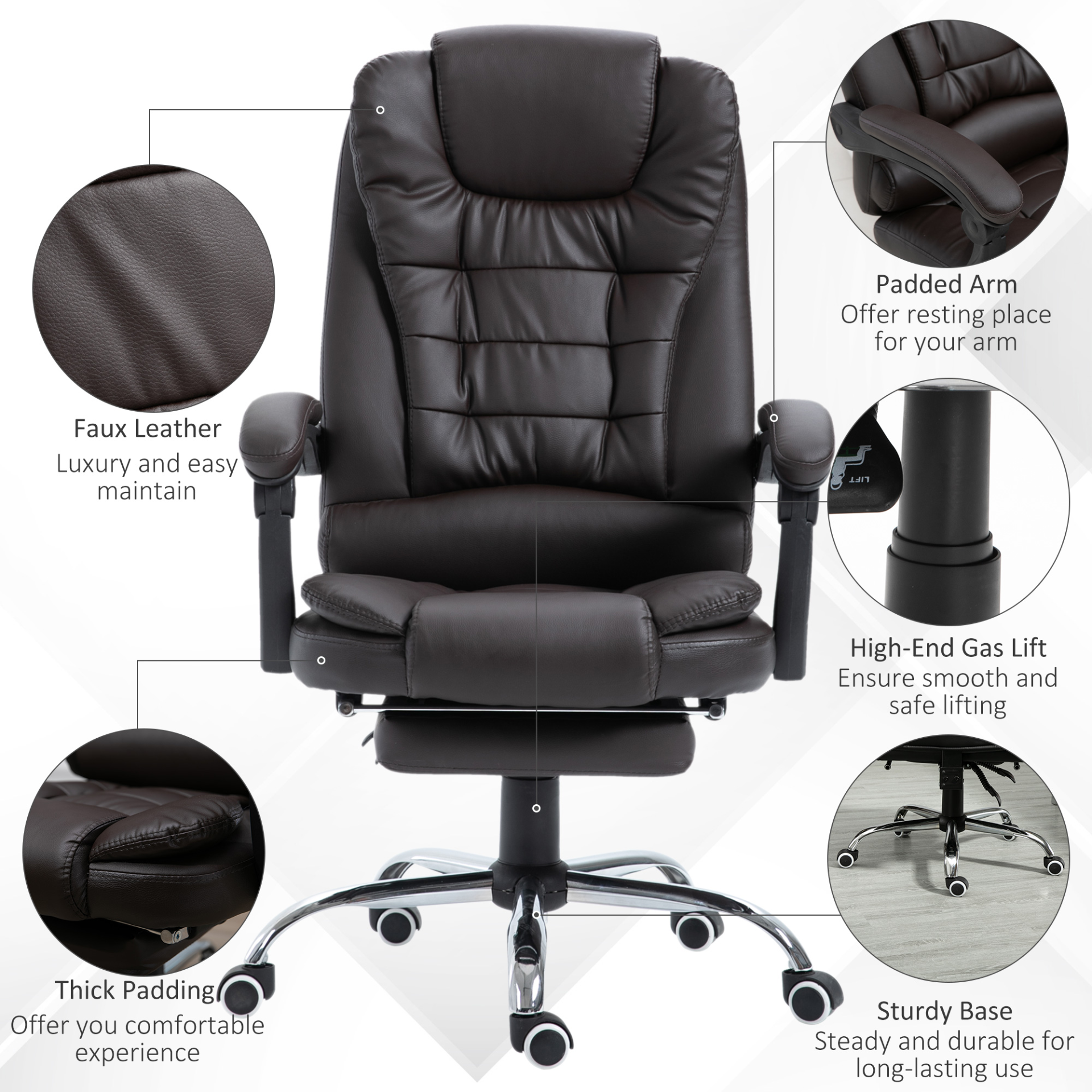 HOMCOM PU Leather Executive Office Chair | High Back, Swivel, Adjustable Height, Retractable Footrest, Reclining Function, Brown - BEYRUN