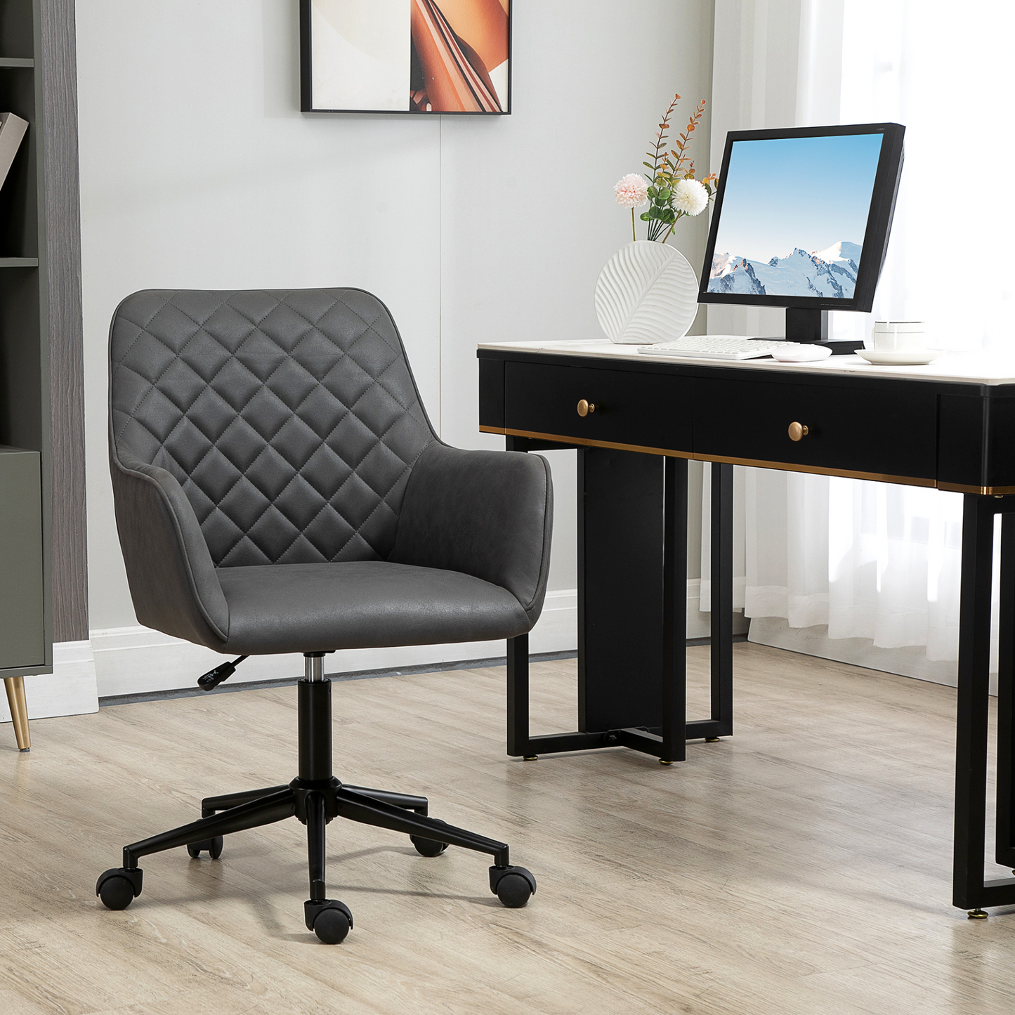 Vinsetto Grey Swivel Office Chair - Leather-Feel Fabric, Ergonomic Design, Adjustable Height & Wheels - BEYRUN