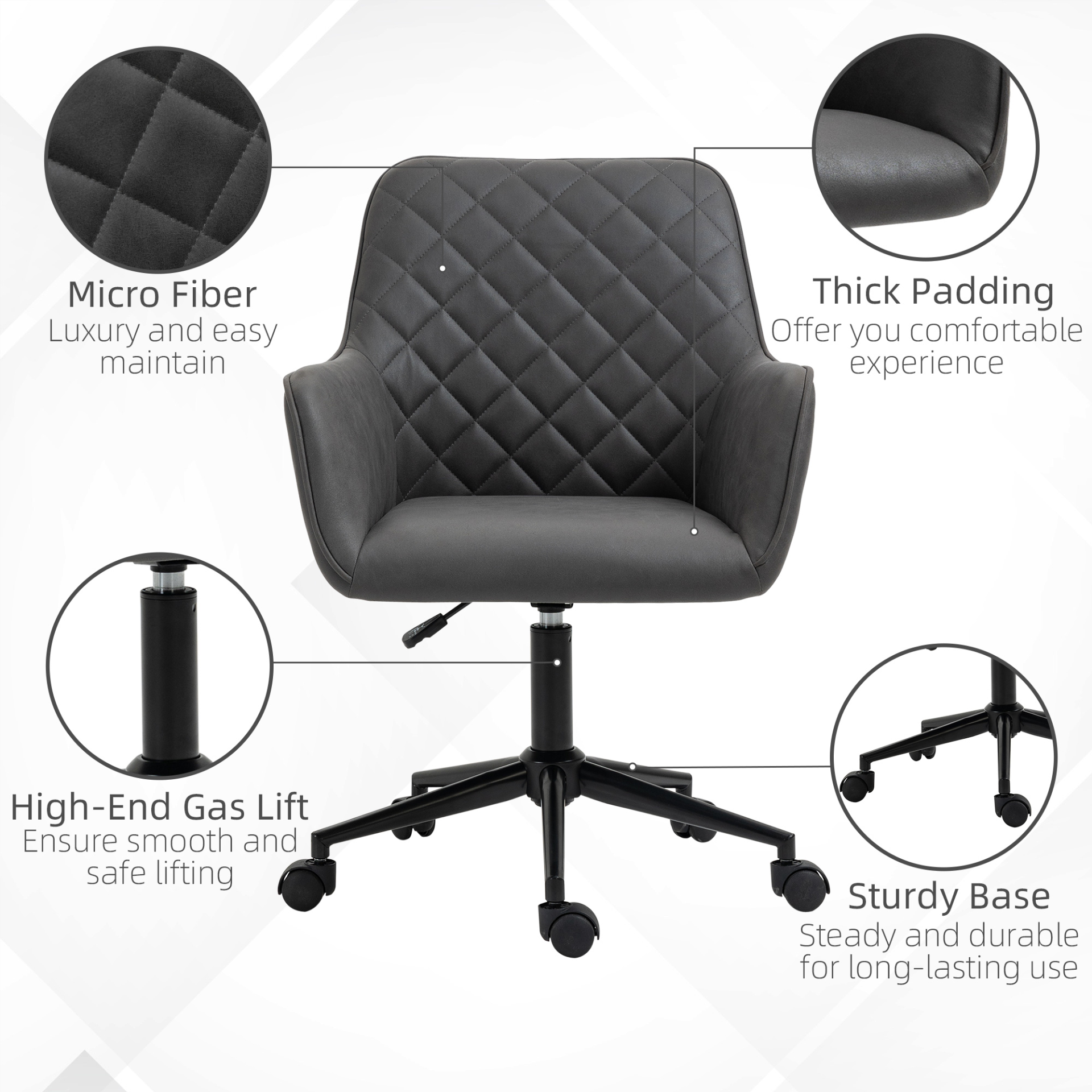 Vinsetto Grey Swivel Office Chair - Leather-Feel Fabric, Ergonomic Design, Adjustable Height & Wheels - BEYRUN