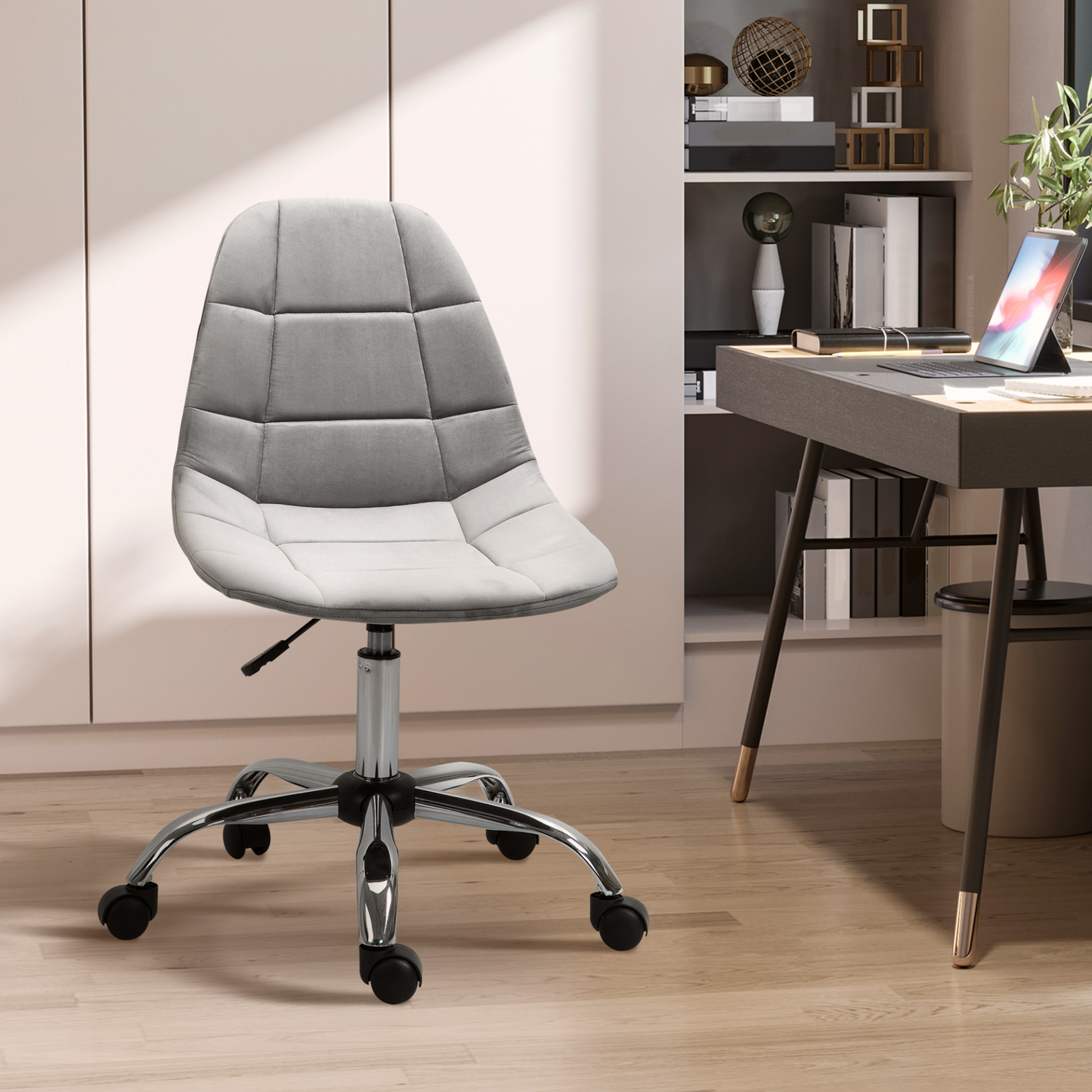 Vinsetto Ergonomic Office Chair - Adjustable Height, Velvet, Armless, Wheels, Grey - Ideal for Home Study & Bedroom - BEYRUN