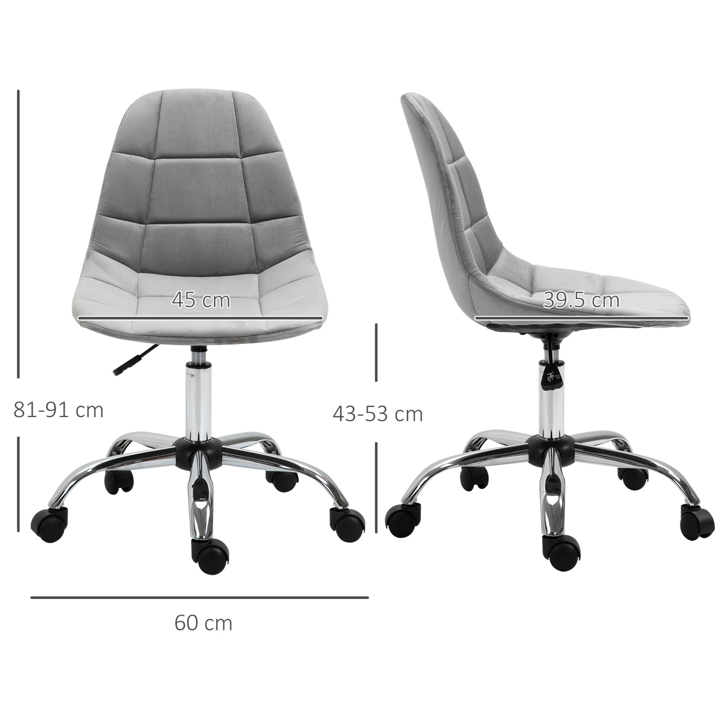 Vinsetto Ergonomic Office Chair - Adjustable Height, Velvet, Armless, Wheels, Grey - Ideal for Home Study & Bedroom - BEYRUN