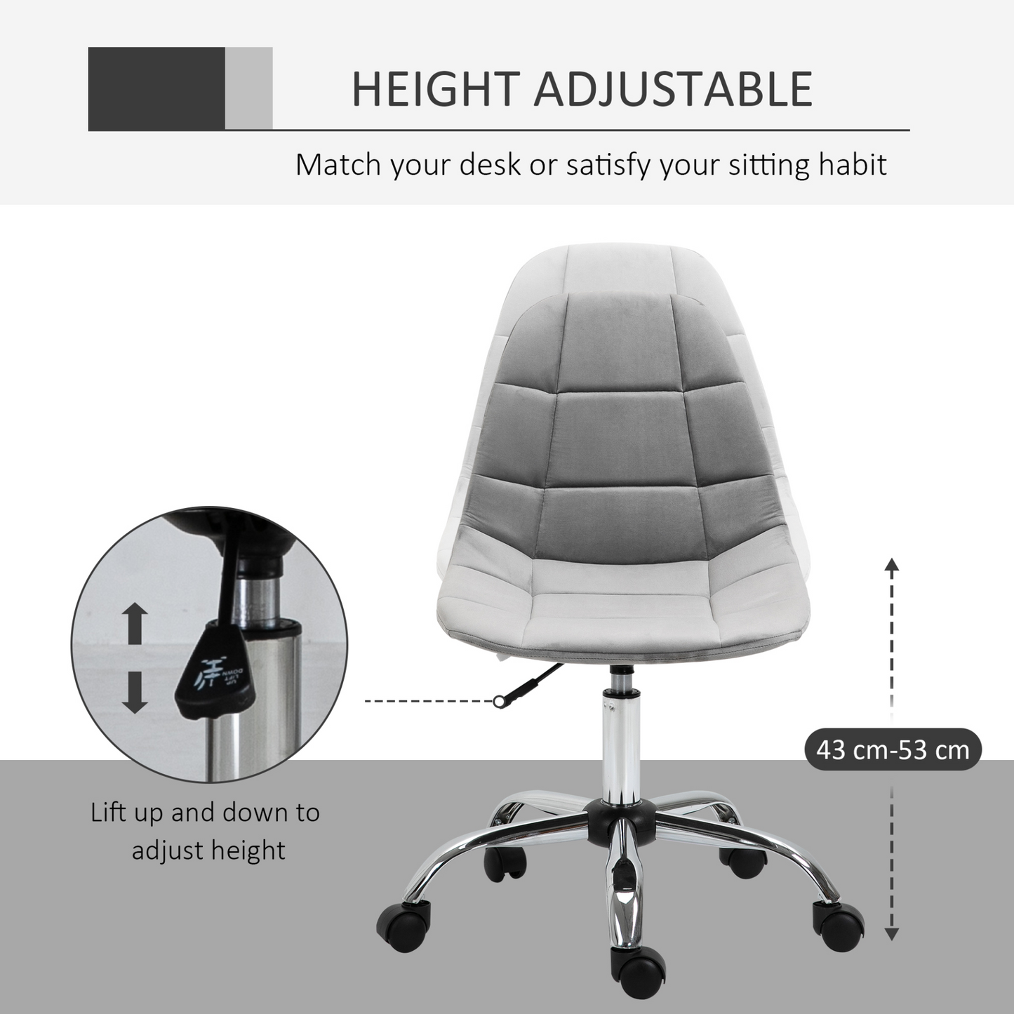 Vinsetto Ergonomic Office Chair - Adjustable Height, Velvet, Armless, Wheels, Grey - Ideal for Home Study & Bedroom - BEYRUN