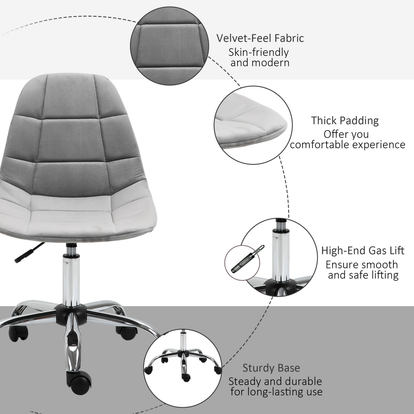 Vinsetto Ergonomic Office Chair - Adjustable Height, Velvet, Armless, Wheels, Grey - Ideal for Home Study & Bedroom - BEYRUN