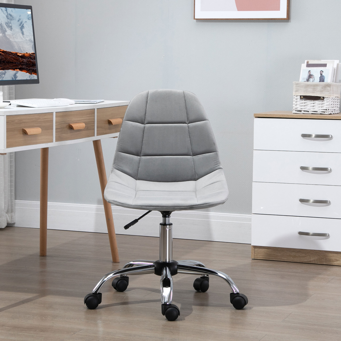 Vinsetto Ergonomic Office Chair - Adjustable Height, Velvet, Armless, Wheels, Grey - Ideal for Home Study & Bedroom - BEYRUN