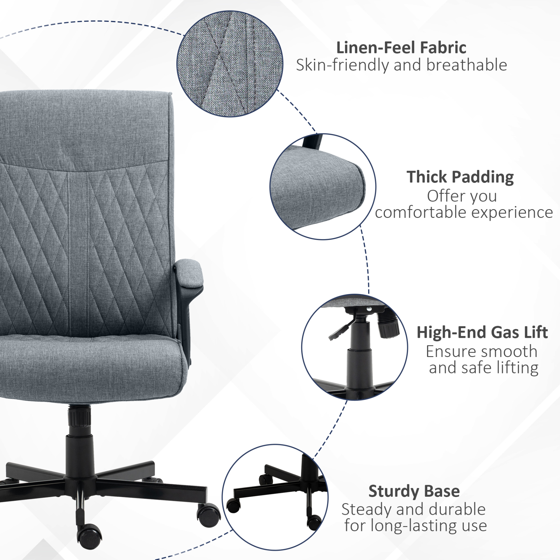 Vinsetto High-Back Home Office Chair - Dark Grey Linen Swivel Computer Chair with Adjustable Height and Tilt Function - BEYRUN