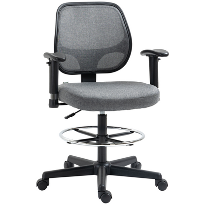 Vinsetto Adjustable Drafting Chair with Footrest Ring, Armrests & Swivel Wheels - Grey - BEYRUN