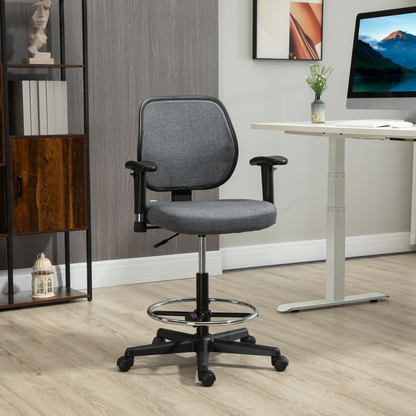 Vinsetto Adjustable Drafting Chair with Footrest Ring, Armrests & Swivel Wheels - Grey - BEYRUN