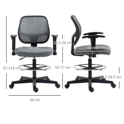 Vinsetto Adjustable Drafting Chair with Footrest Ring, Armrests & Swivel Wheels - Grey - BEYRUN