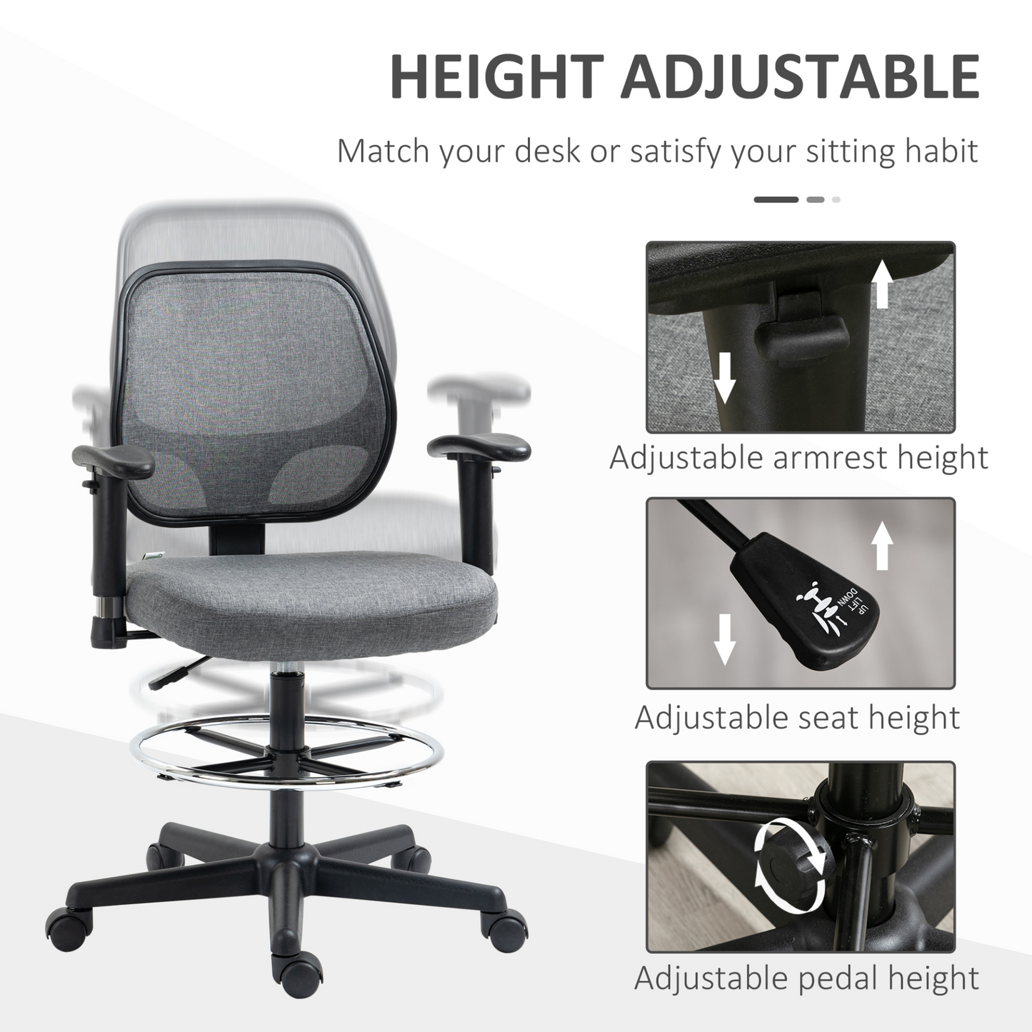 Vinsetto Adjustable Drafting Chair with Footrest Ring, Armrests & Swivel Wheels - Grey - BEYRUN