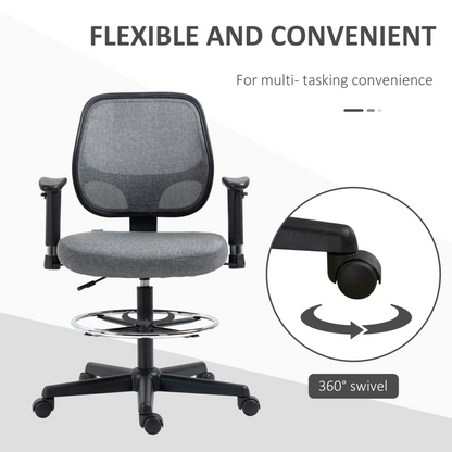 Vinsetto Adjustable Drafting Chair with Footrest Ring, Armrests & Swivel Wheels - Grey - BEYRUN