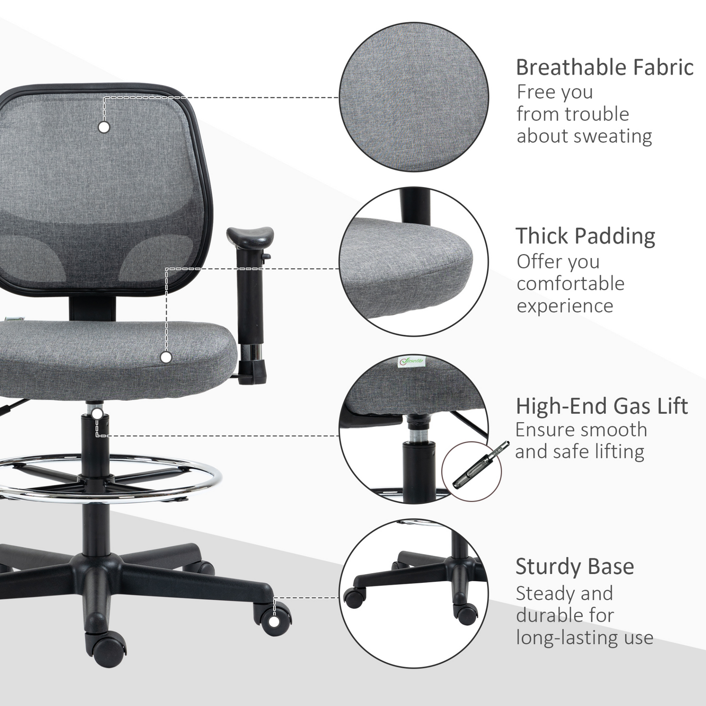 Vinsetto Adjustable Drafting Chair with Footrest Ring, Armrests & Swivel Wheels - Grey - BEYRUN