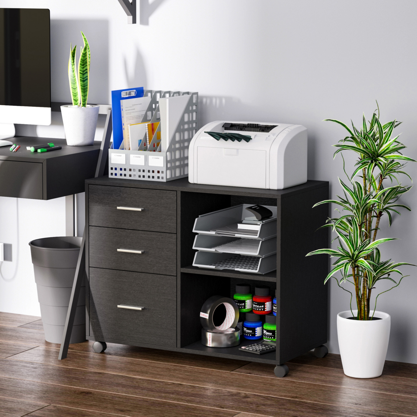 HOMCOM Freestanding Printer Stand Unit with Wheels, 3 Drawers & 2 Open Shelves - Black - BEYRUN