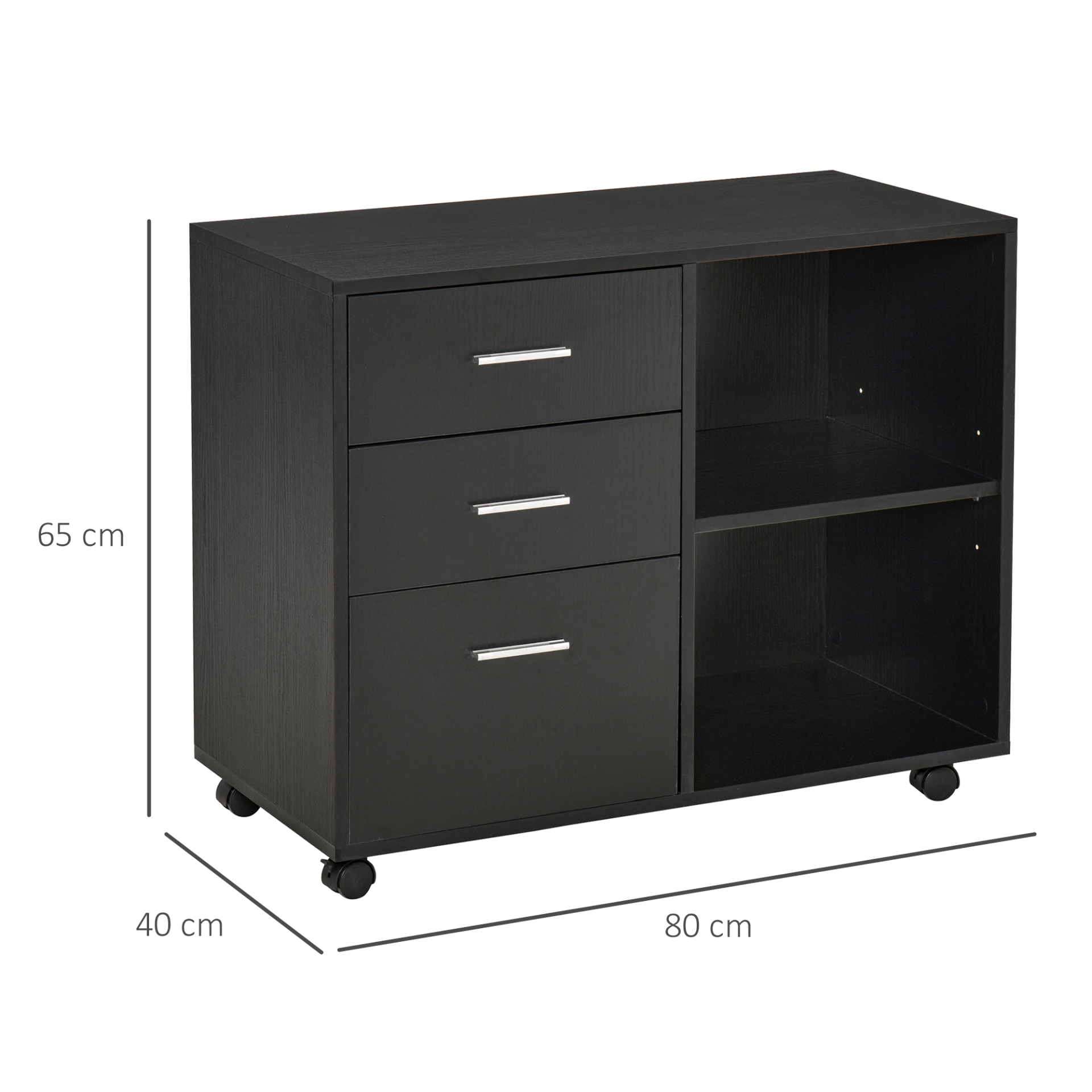 HOMCOM Freestanding Printer Stand Unit with Wheels, 3 Drawers & 2 Open Shelves - Black - BEYRUN