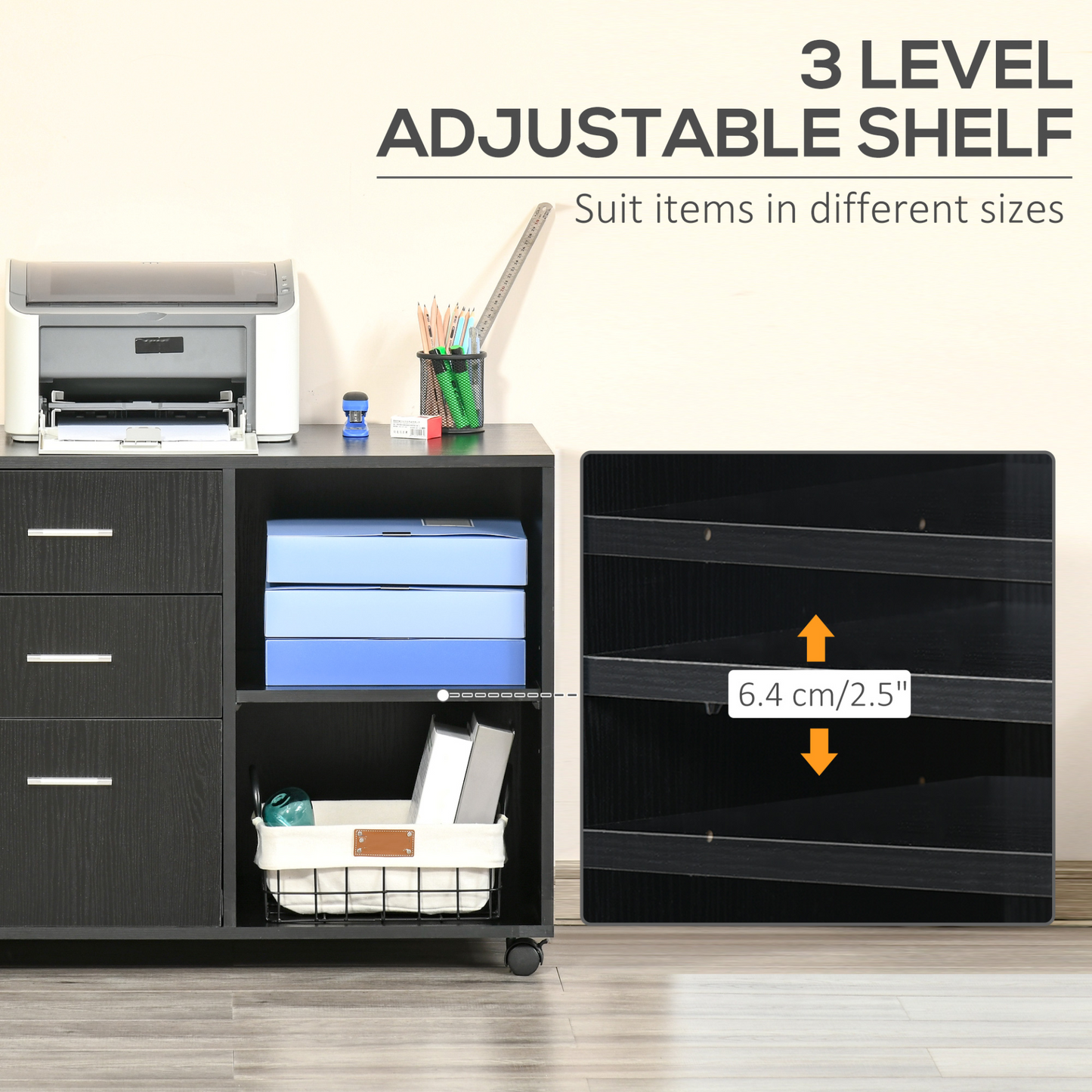 HOMCOM Freestanding Printer Stand Unit with Wheels, 3 Drawers & 2 Open Shelves - Black - BEYRUN