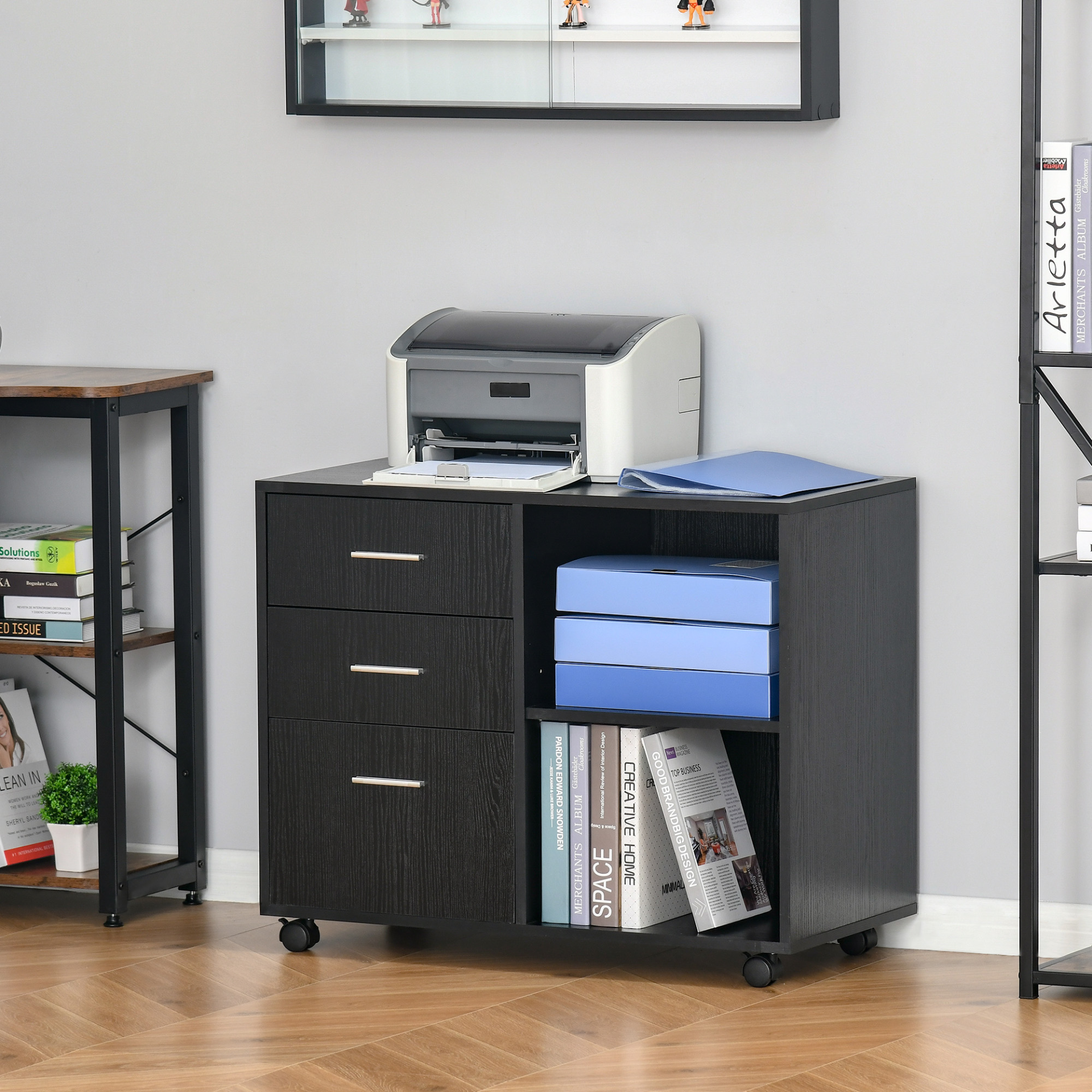 HOMCOM Freestanding Printer Stand Unit with Wheels, 3 Drawers & 2 Open Shelves - Black - BEYRUN