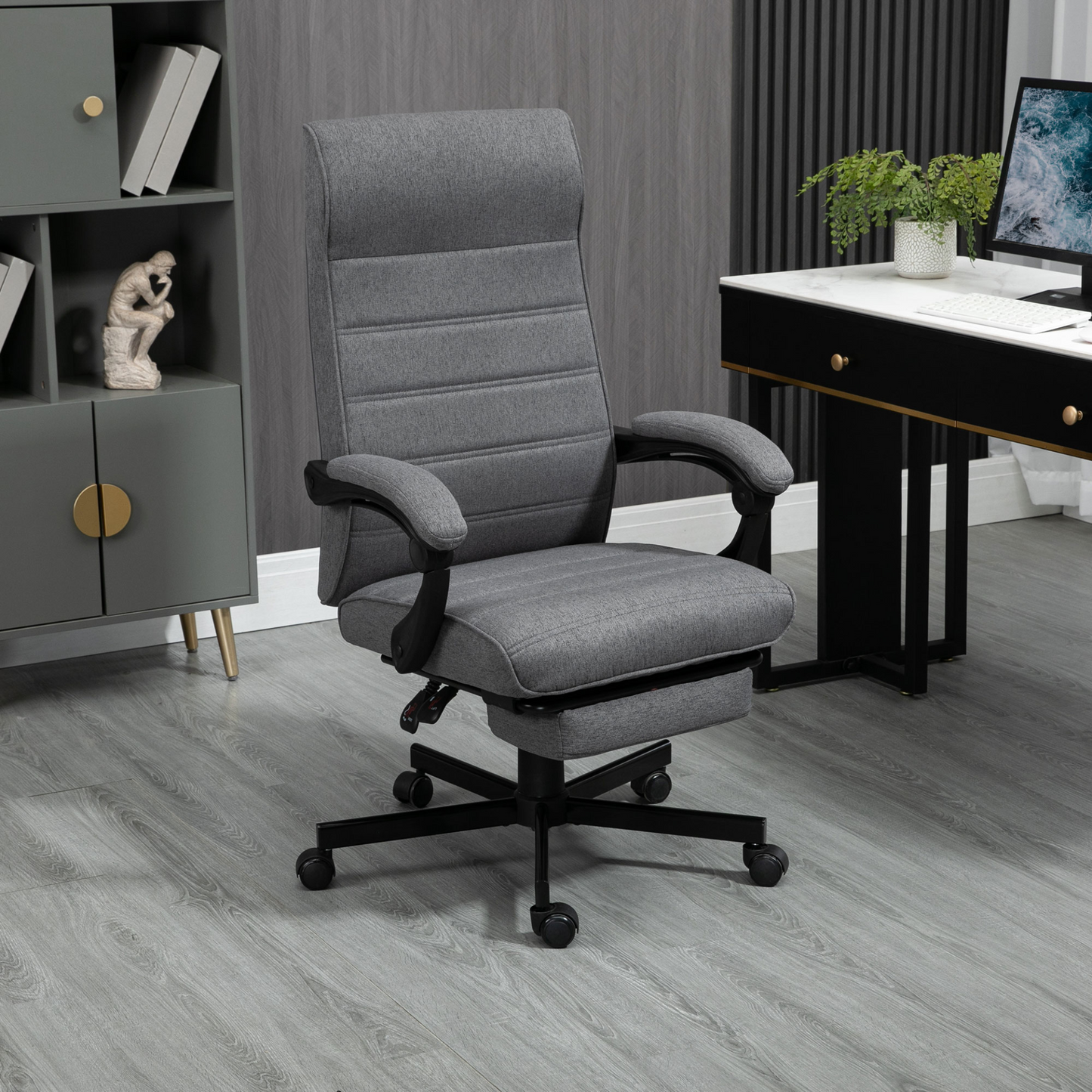 Vinsetto High-Back Home Office Chair, Linen Swivel Reclining Chair - Grey - BEYRUN