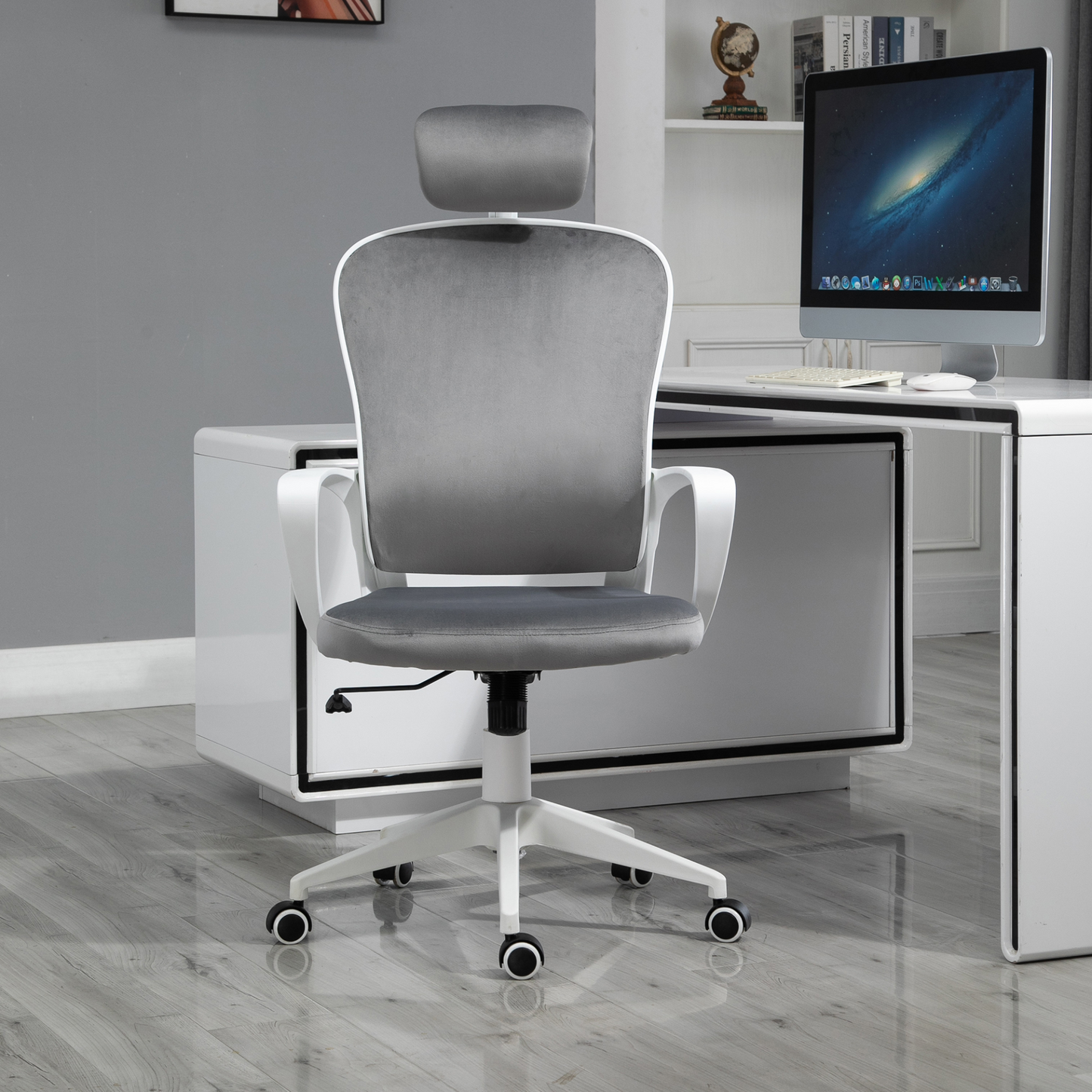 Vinsetto High-Back Office Chair with Velvet Fabric, Liftable Headrest, Adjustable Height, and Wheels - Grey - BEYRUN