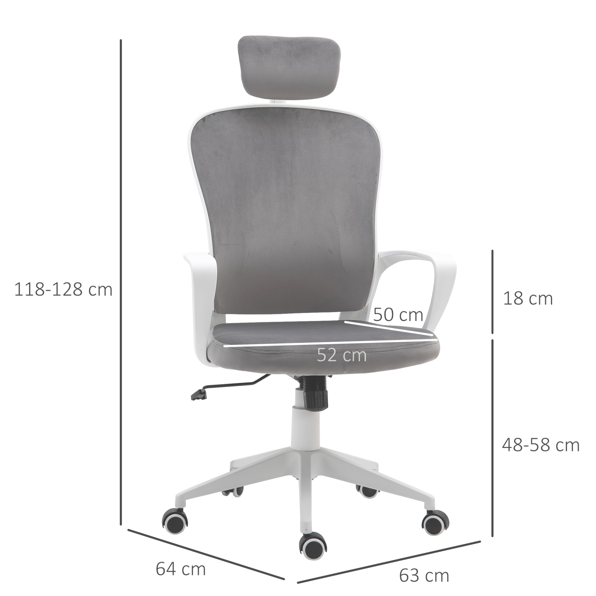 Vinsetto High-Back Office Chair with Velvet Fabric, Liftable Headrest, Adjustable Height, and Wheels - Grey - BEYRUN