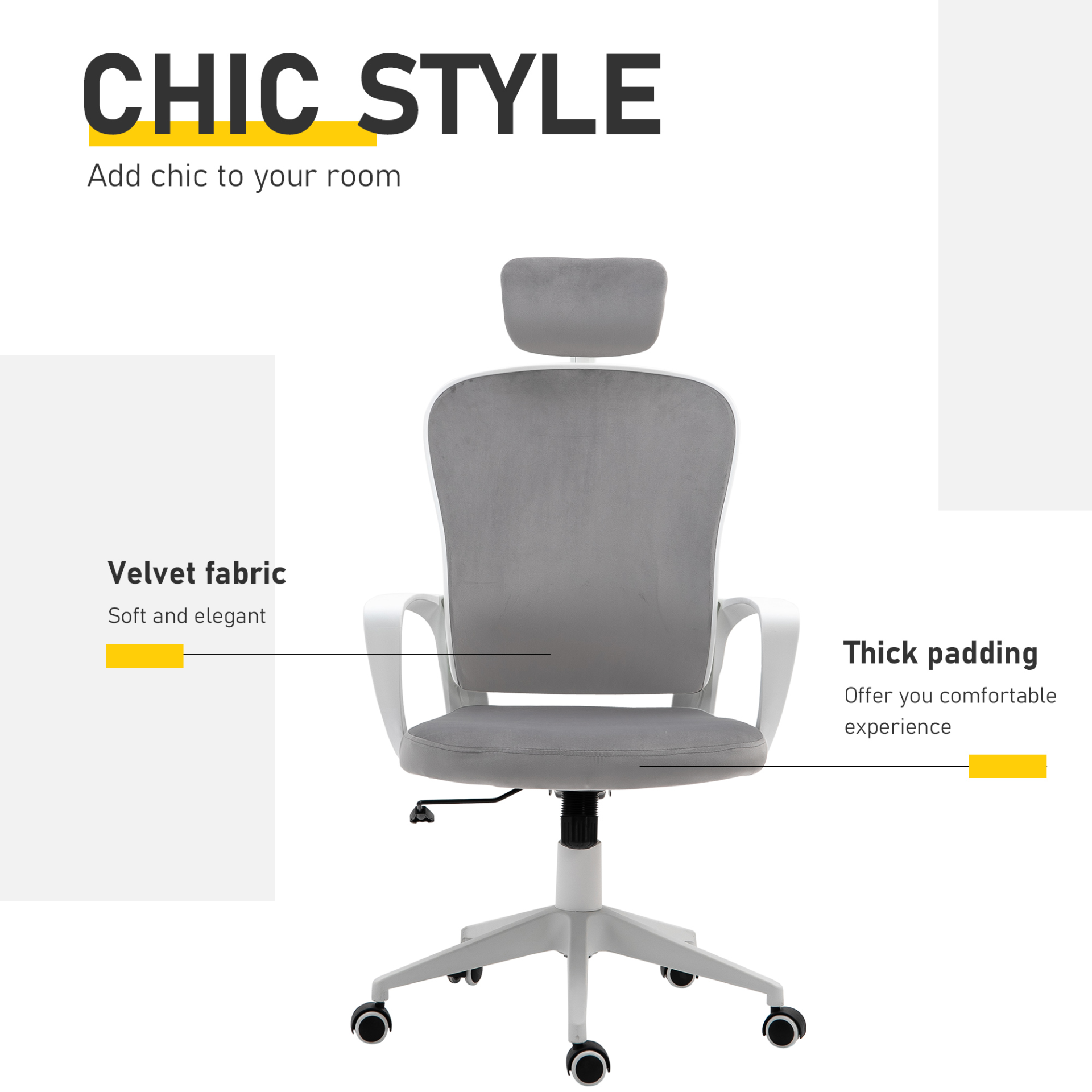 Vinsetto High-Back Office Chair with Velvet Fabric, Liftable Headrest, Adjustable Height, and Wheels - Grey - BEYRUN