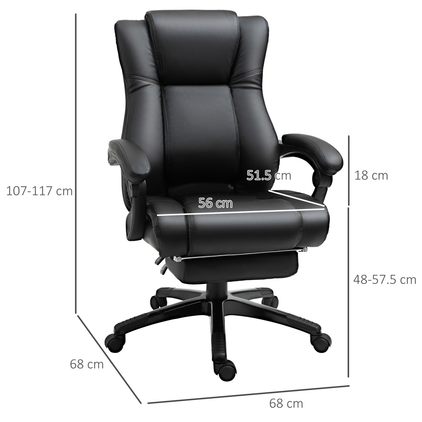 Vinsetto Executive Home Office Chair - High Back Recliner, Ergonomic PU Leather with Footrest & Wheels, Adjustable Height - Black - BEYRUN